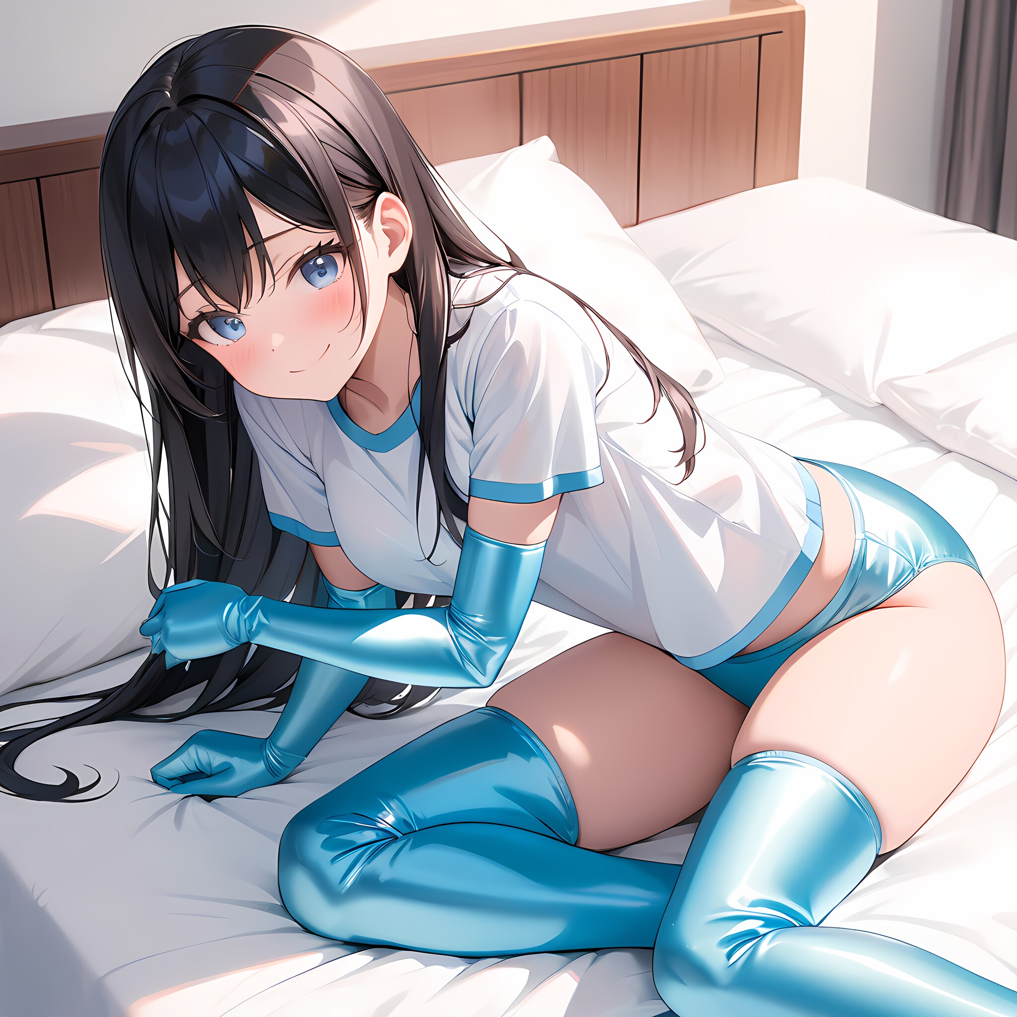 水色縁白体操服長手袋サイハイソックス