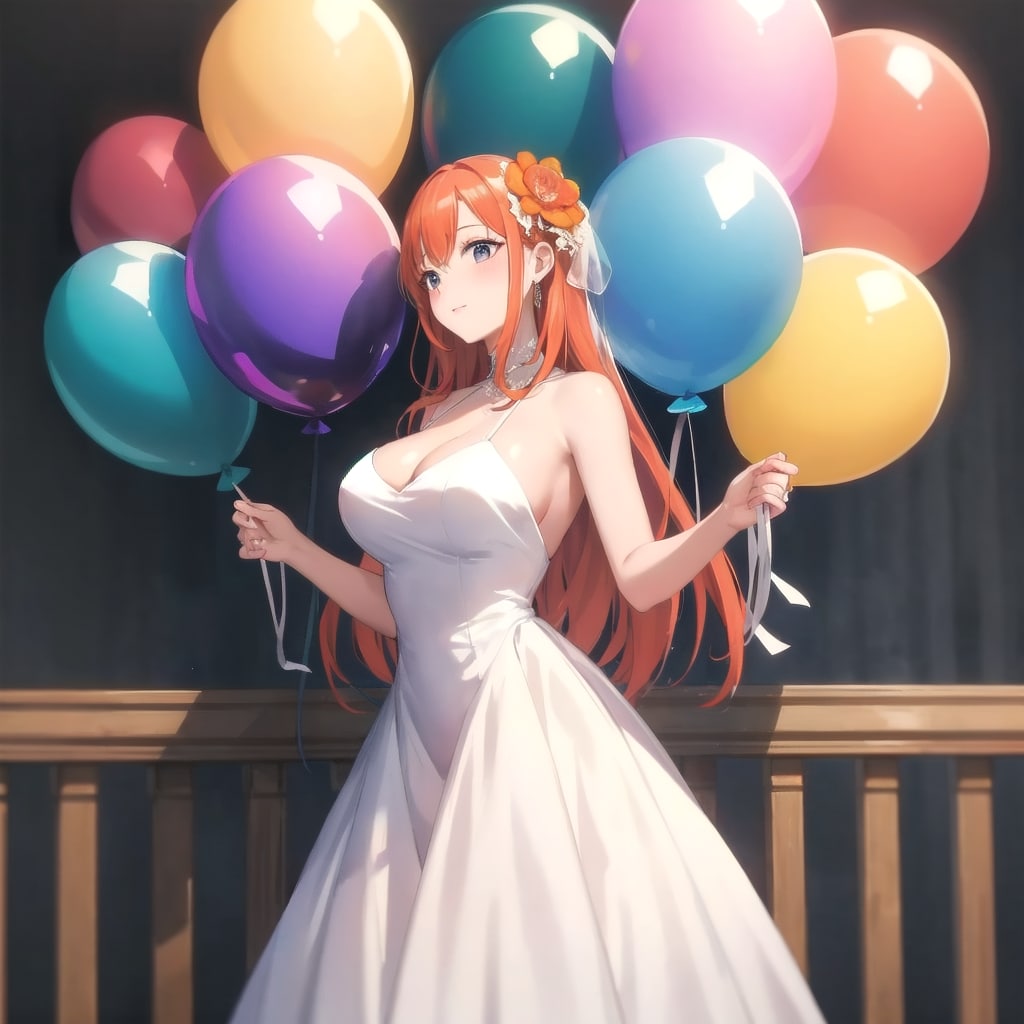 いっぱい色とりどりの風船を持つオレンジ髪ロングのウェディングドレス着た美女