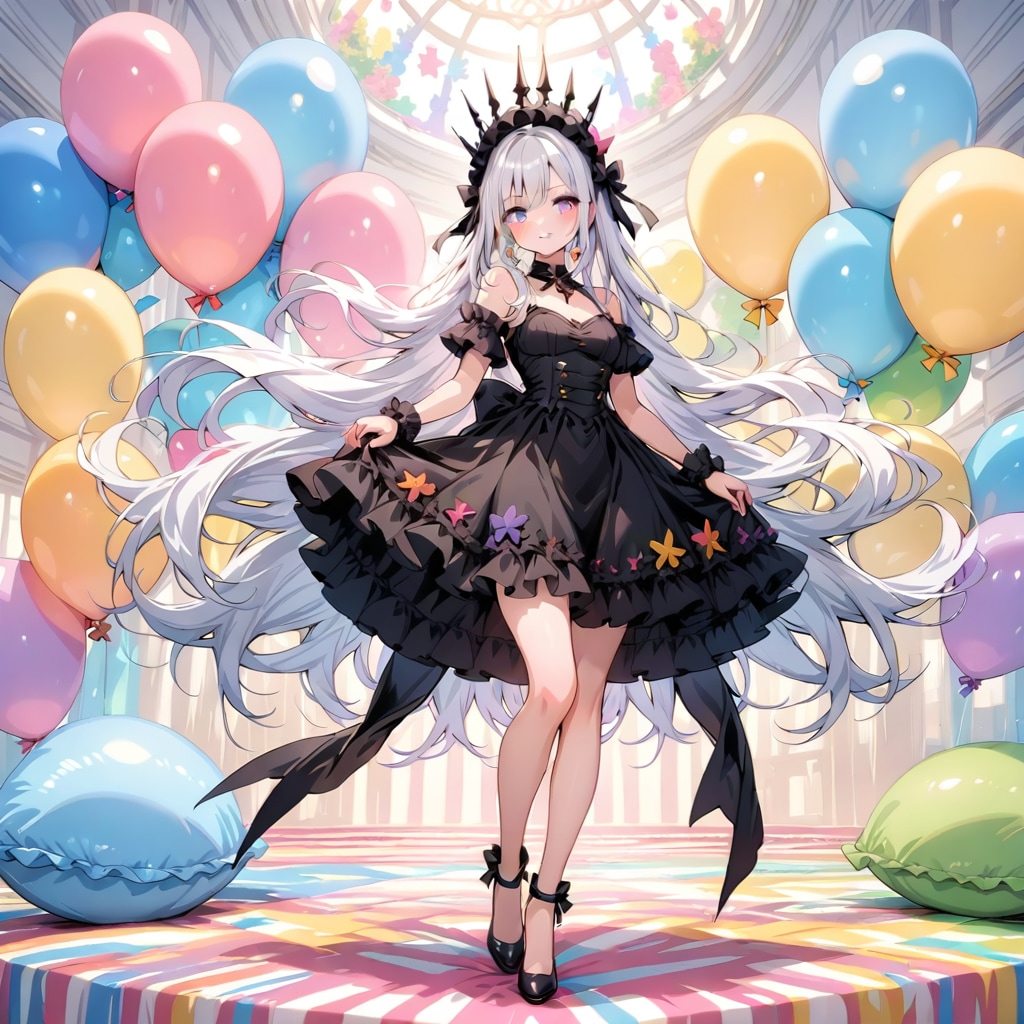 いっぱい色とりどりの風船を持つ白い髪ロングの黒いドレス着た美女 | の人気AIイラスト・グラビア