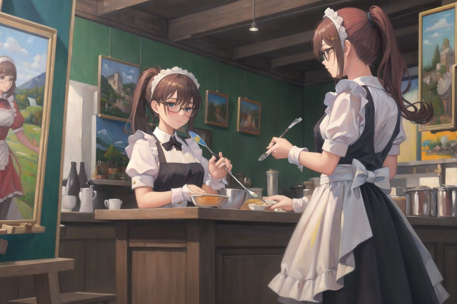 V4Bで油絵風のメイドガールズ