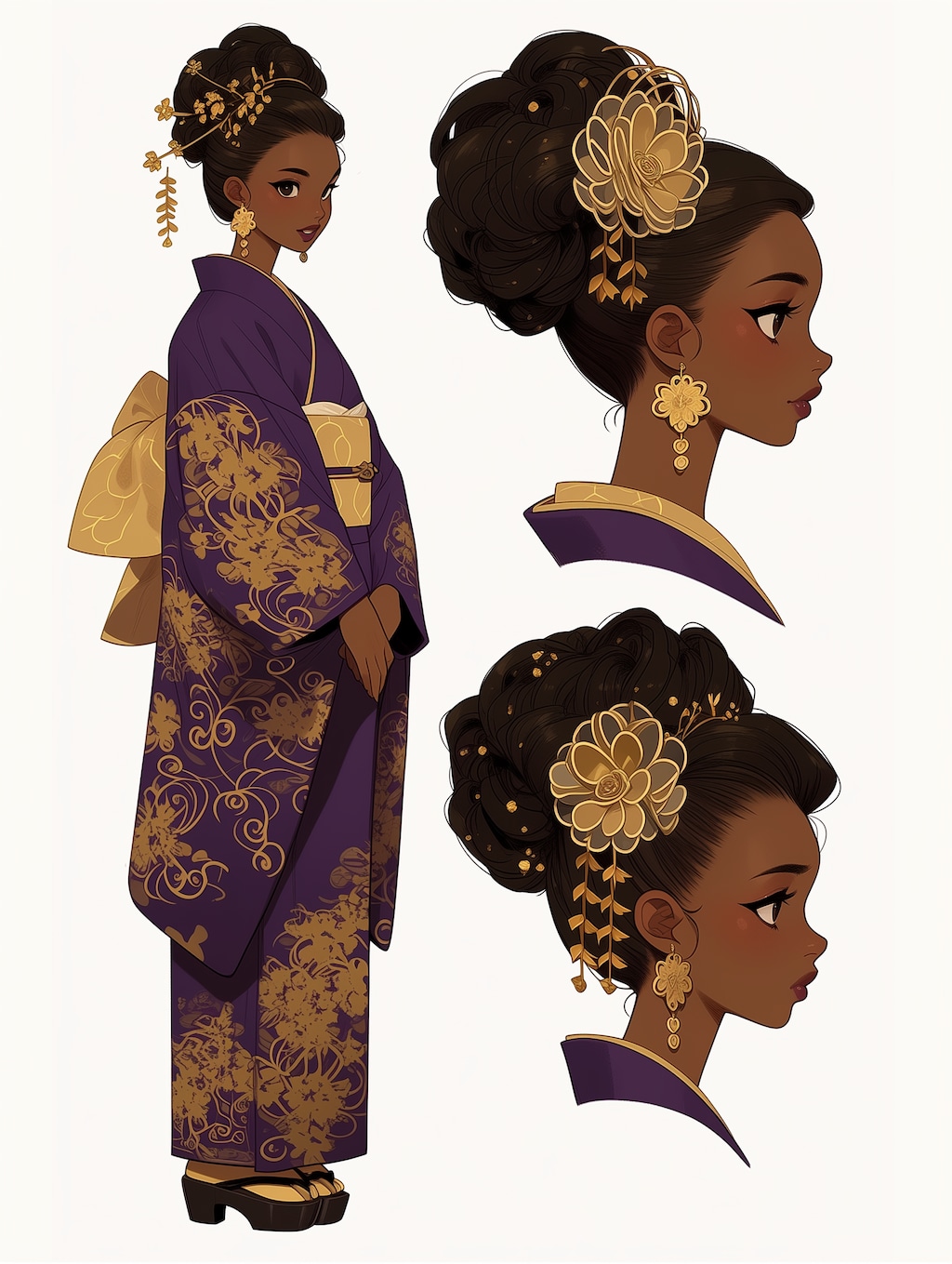 アフリカ美女、紫と金の和服