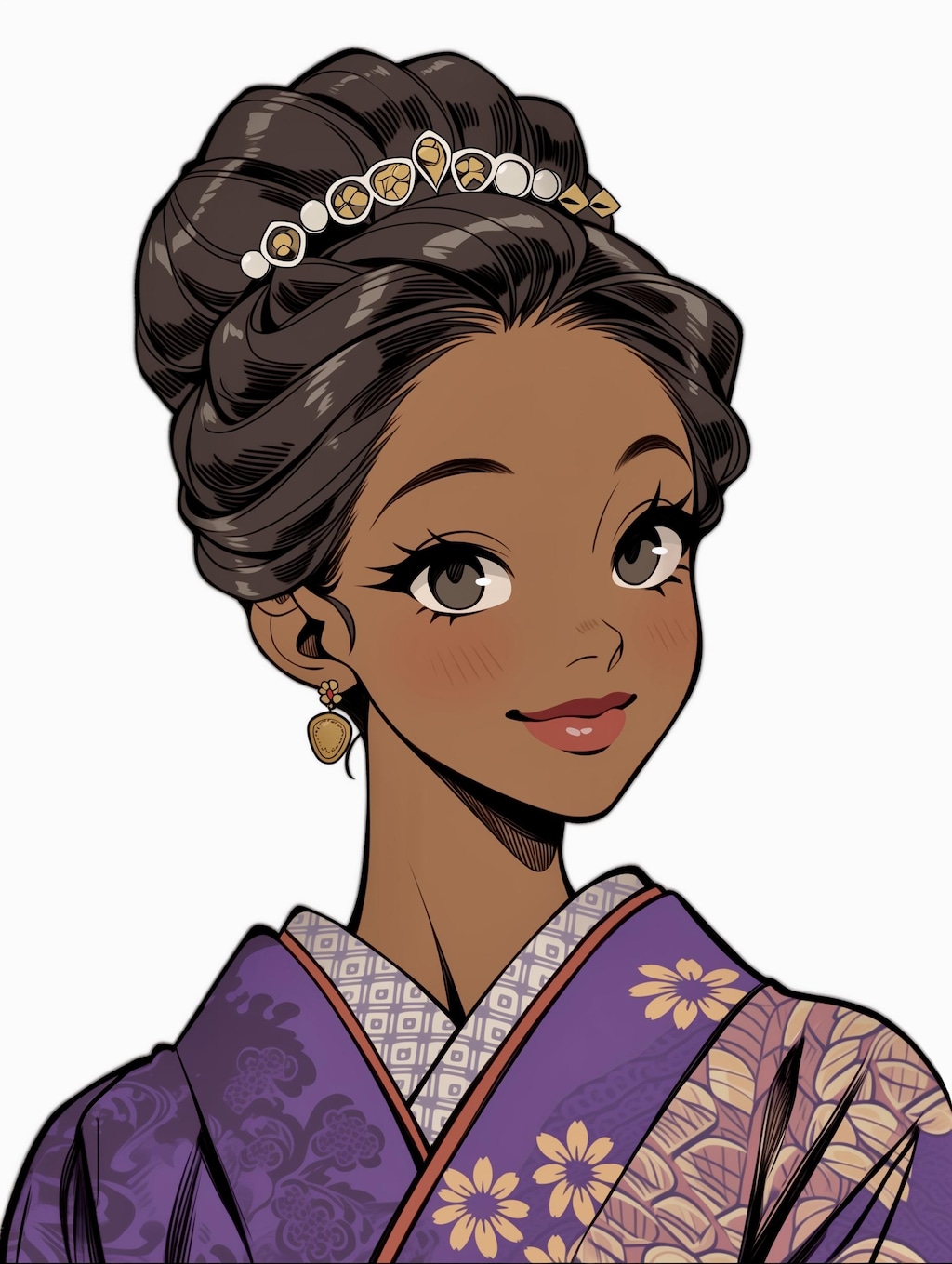 アフリカ美女、紫と金の和服