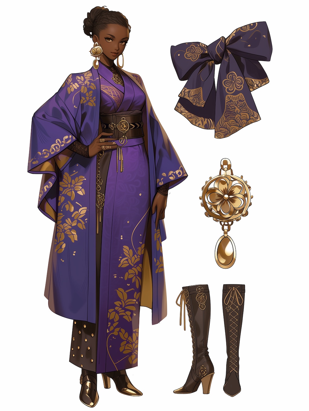 アフリカ美女、紫と金の和服