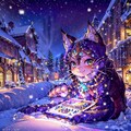 雪の中スマホを操作する猫神様 5枚目