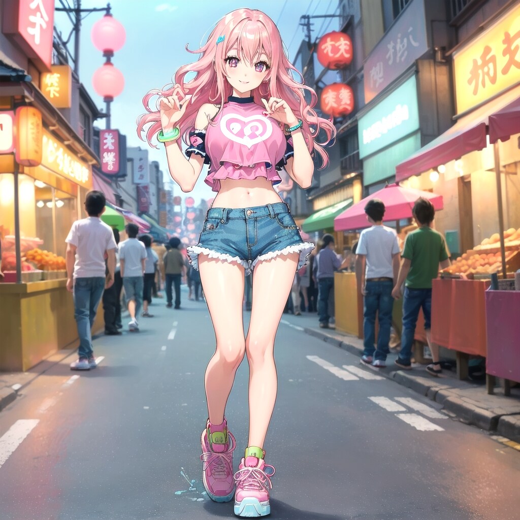 ファンキーな服を着てアメ横を歩く女の子 | の人気AIイラスト・グラビア