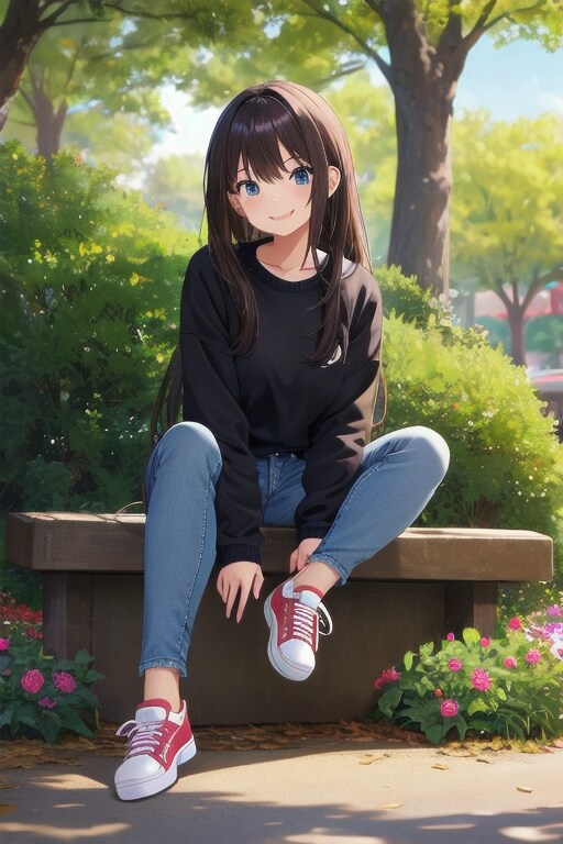 座る、スニーカー娘