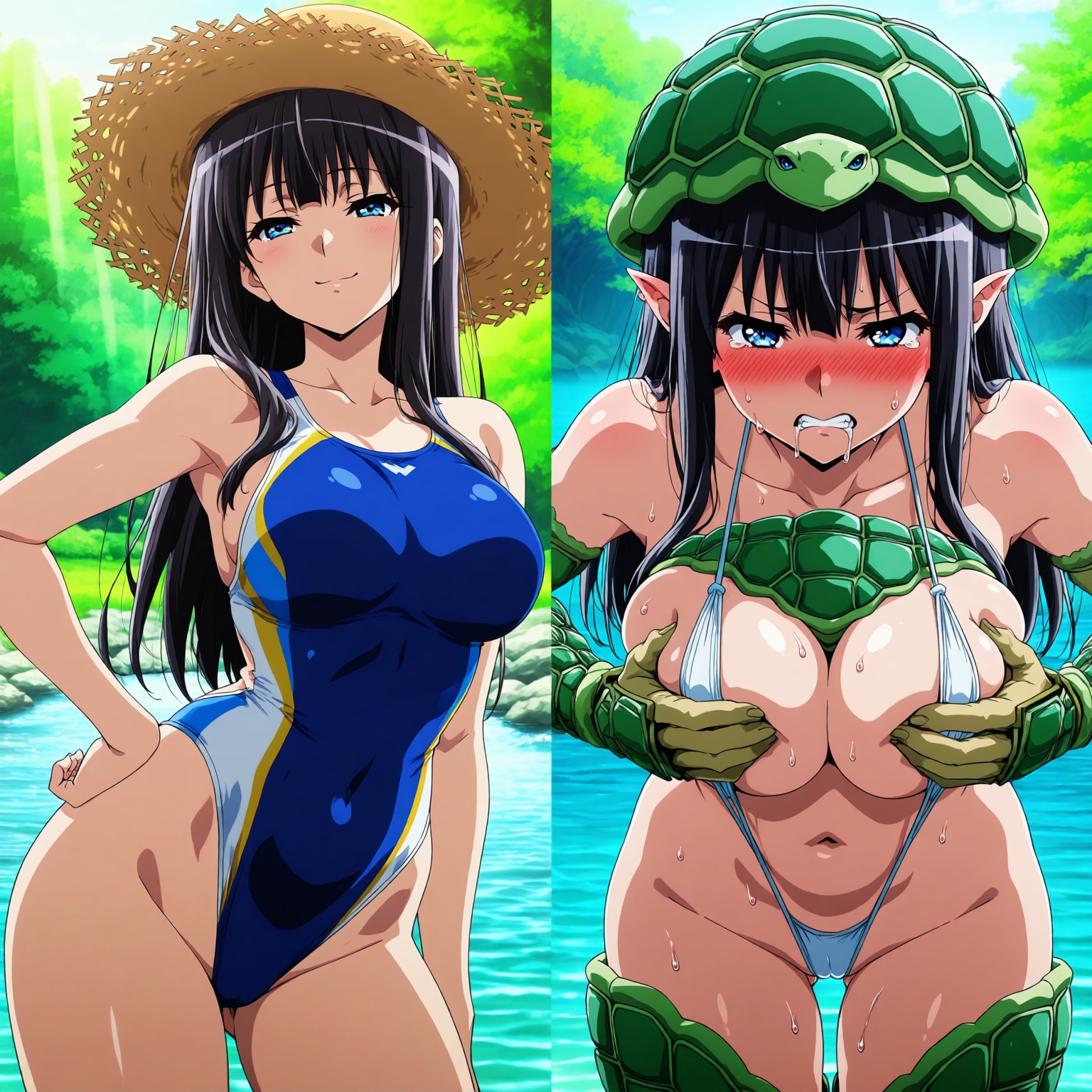 （川遊び企画用女怪人ちゃん♪）登場シーンとやられを一つのイラスト内で♪・・人間体は川遊びを教えてくれるミステリアスな水着お姉さん💕その正体はやはりエナジーを狙うハイレグ女怪人！