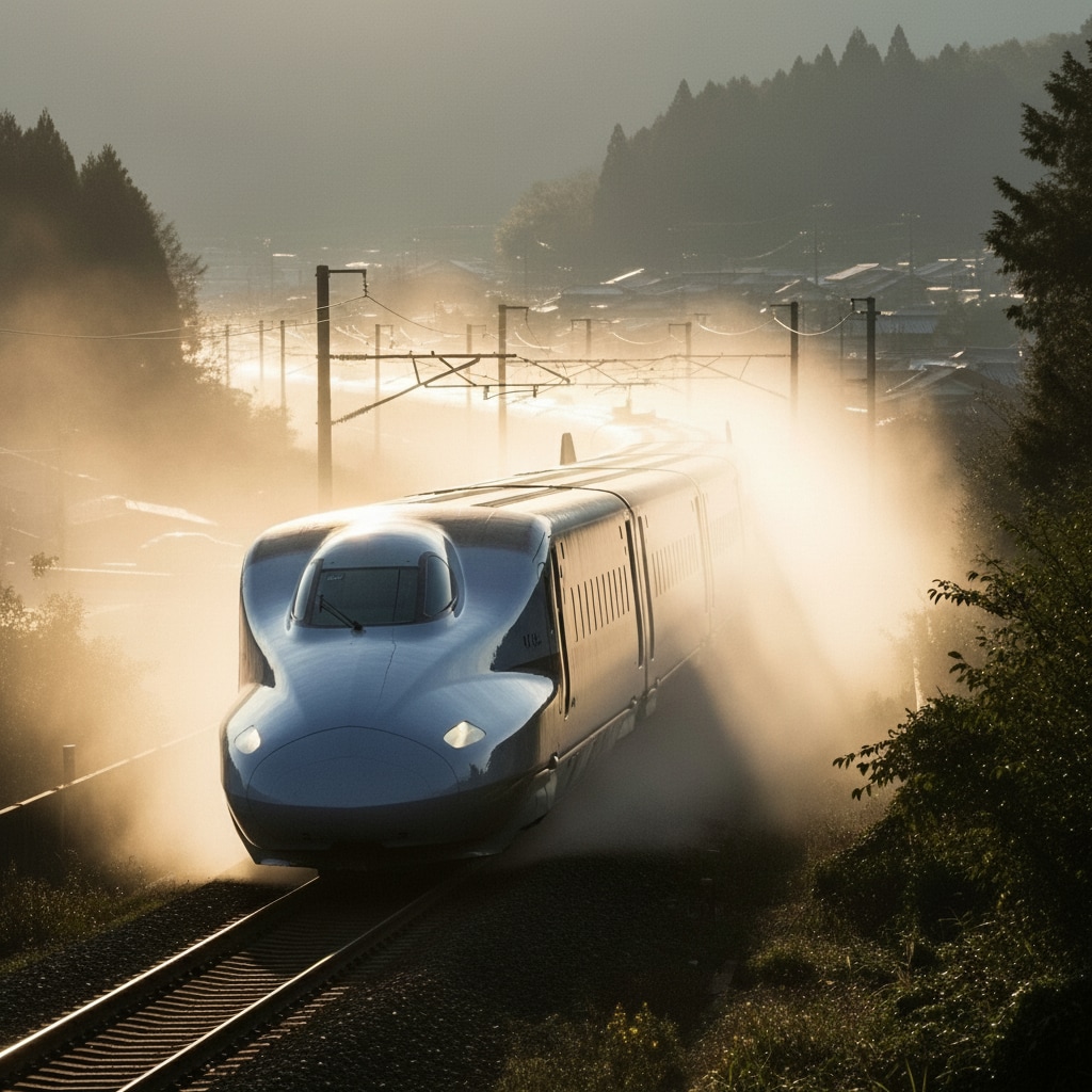 朝靄をつく新幹線
