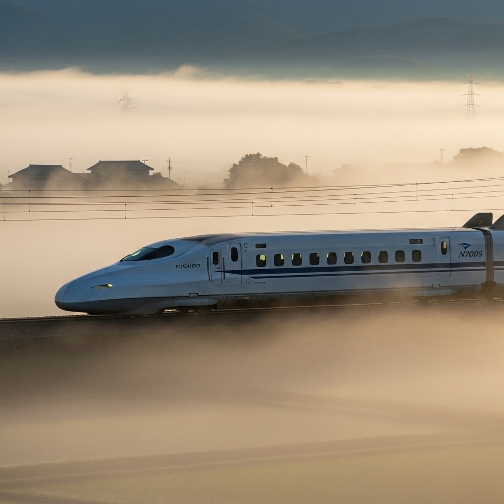 朝靄をつく新幹線