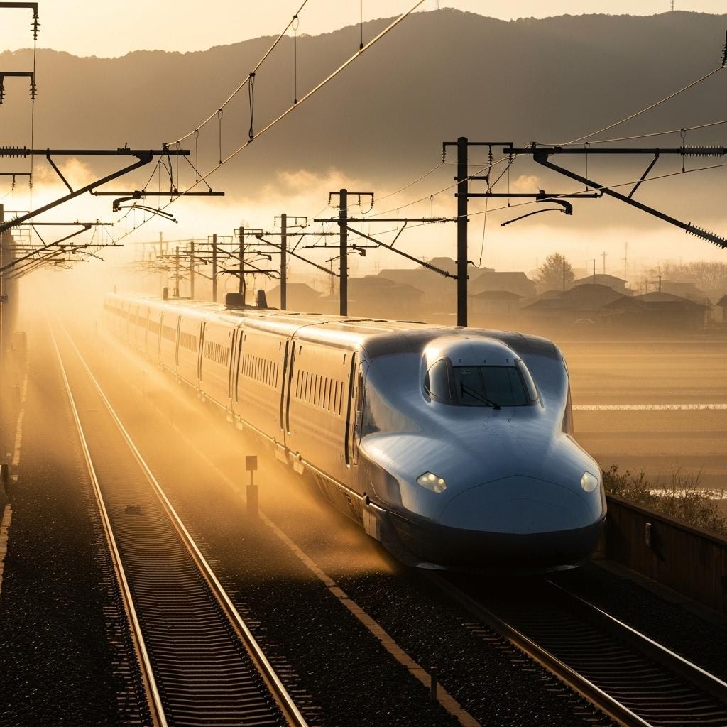朝靄をつく新幹線