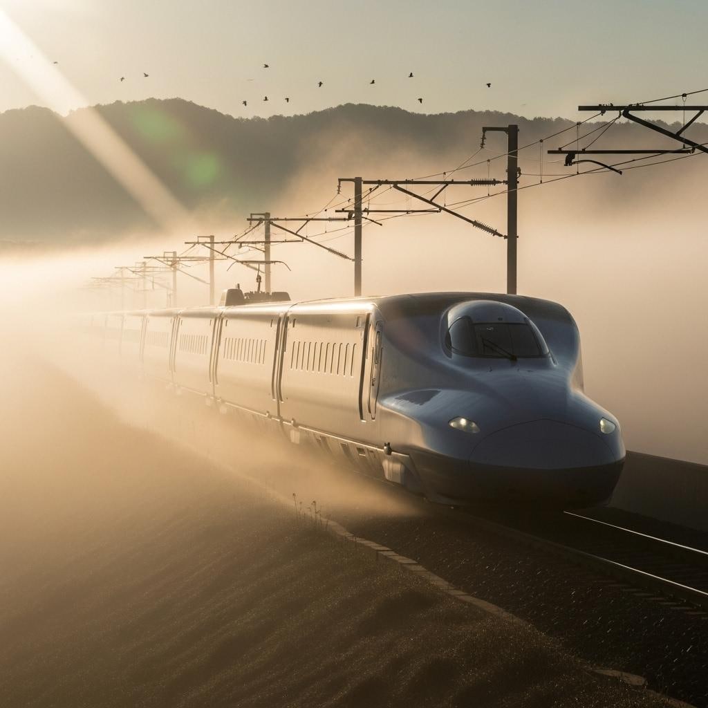 朝靄をつく新幹線