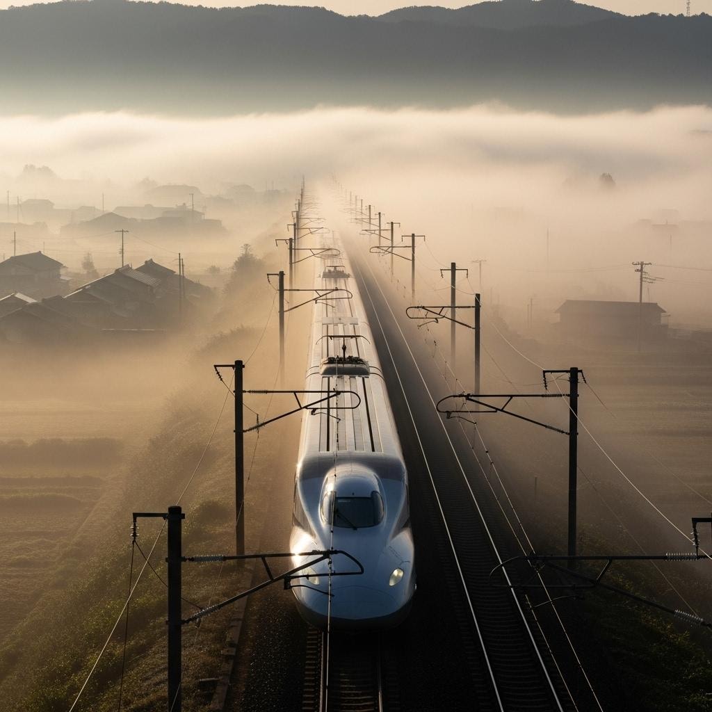 朝靄をつく新幹線