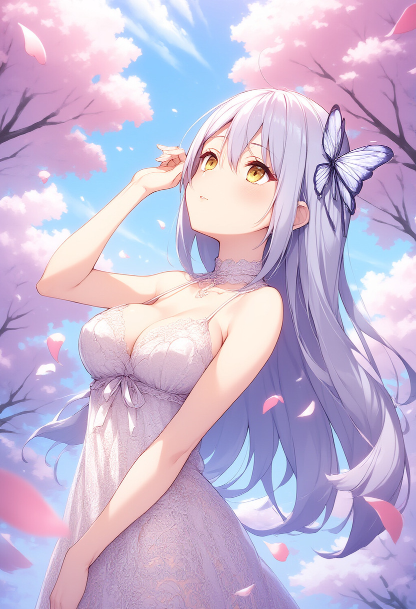 Cherry blossoms swirl gently around a radiant girl in a breathtaking garden