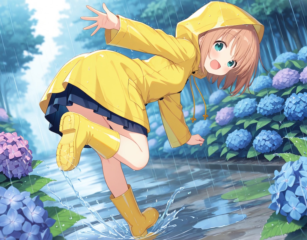 雨ではしゃぐ少女