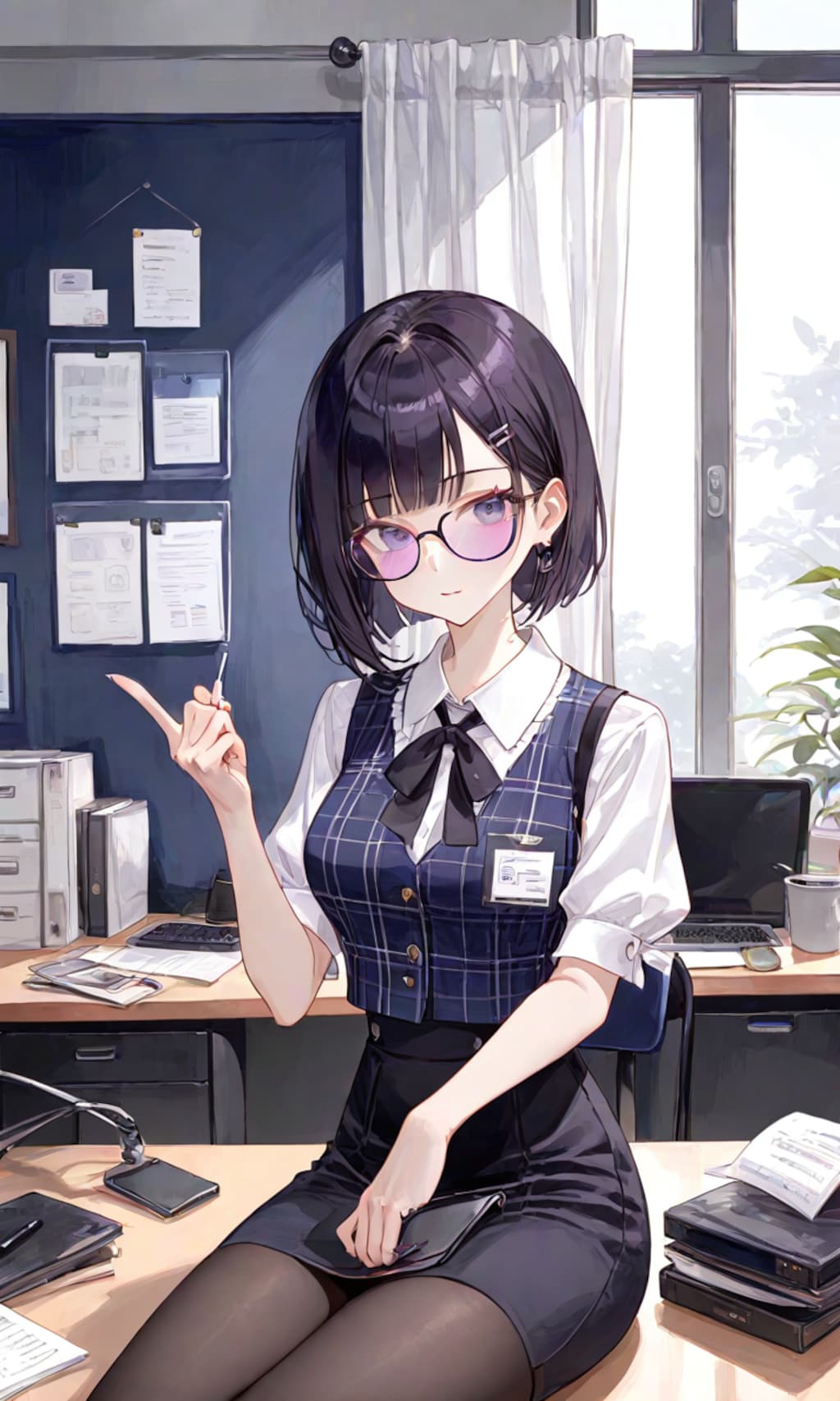 机の上に座るOLさん