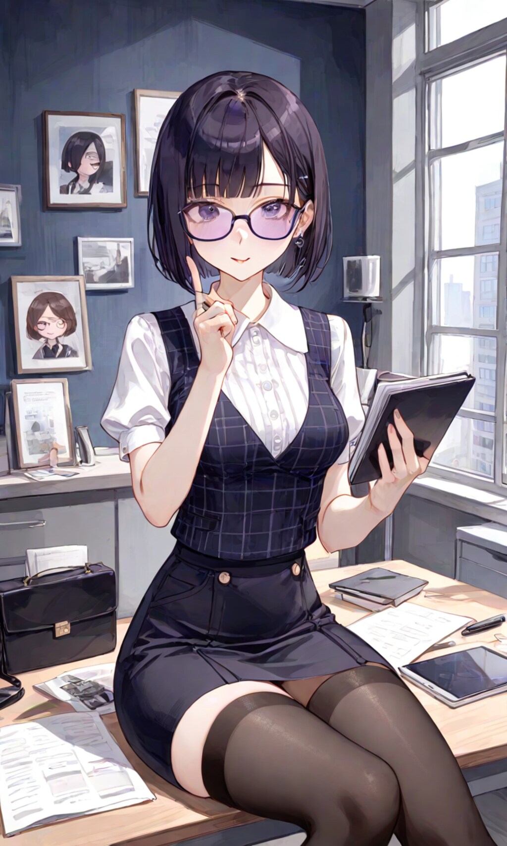 机の上に座るOLさん