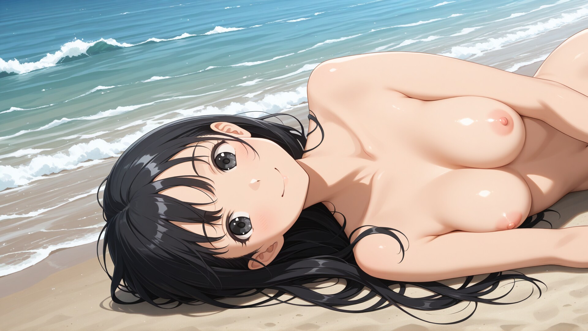 波打ち際で全裸になって横になる黒髪の少女