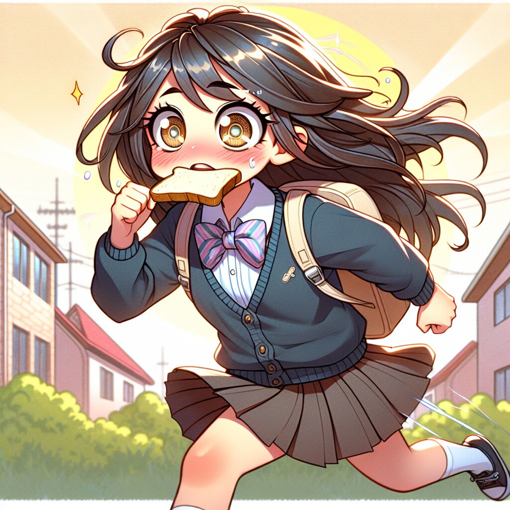 『学校に遅刻しそうになって慌てて走っている女の子。』