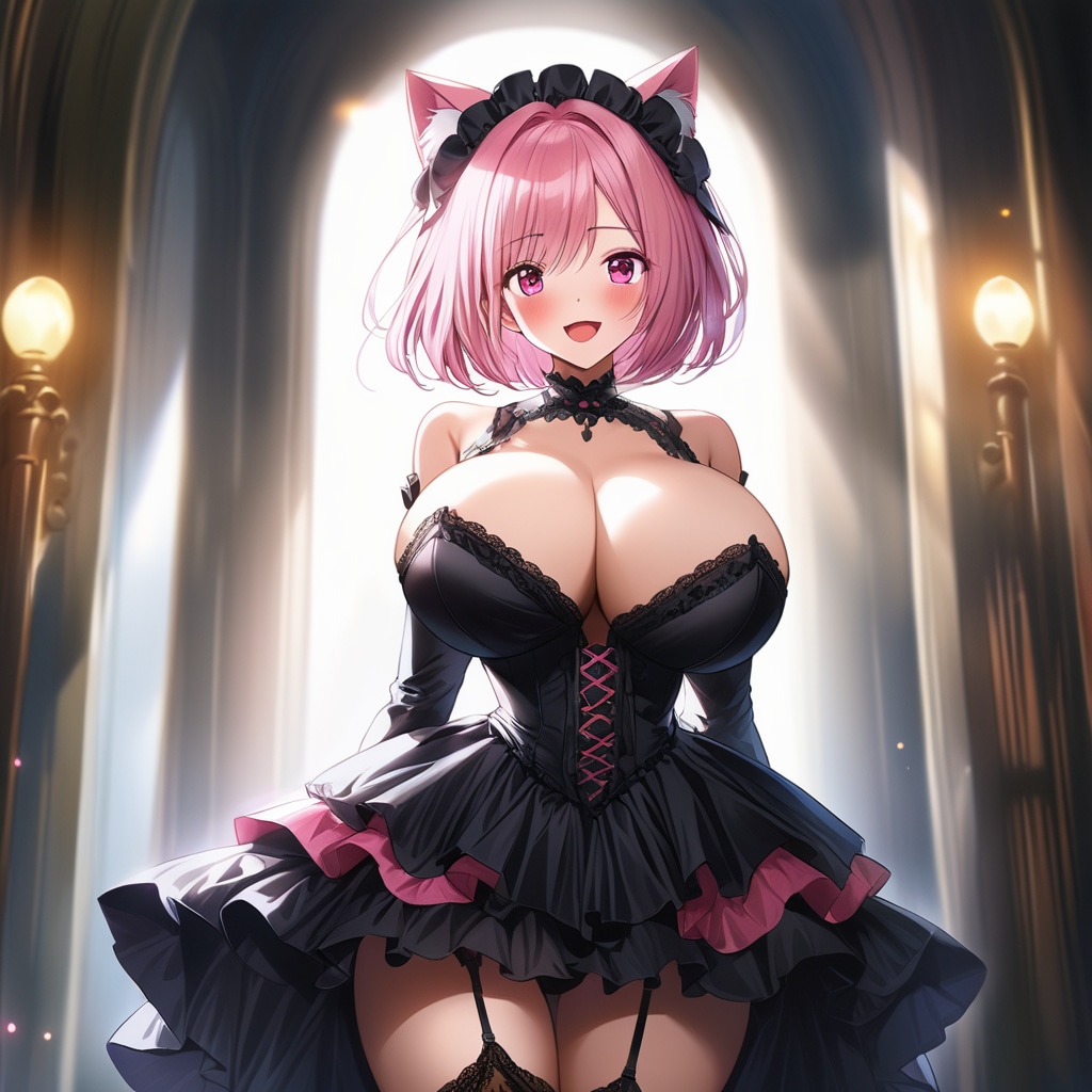 セクシー系ゴシックロリータファッションのブラックピンク系猫耳爆乳美女