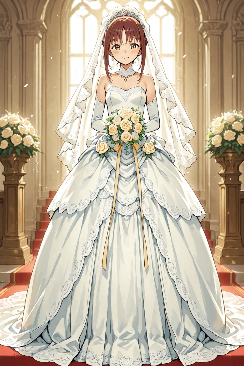 「ウェディングドレス姿の初々しい花嫁」の全身写真