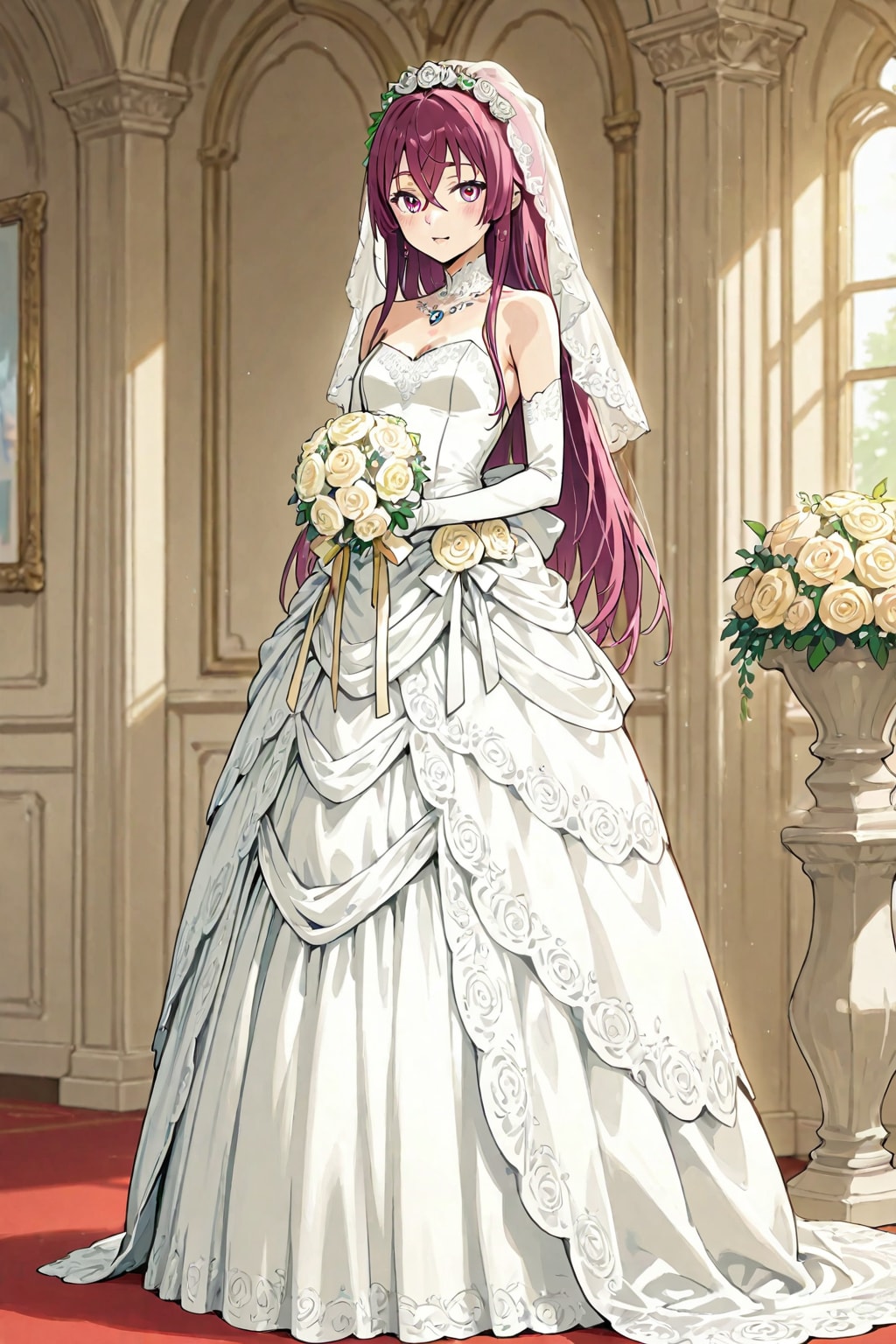 「ウェディングドレス姿の初々しい花嫁」の全身写真