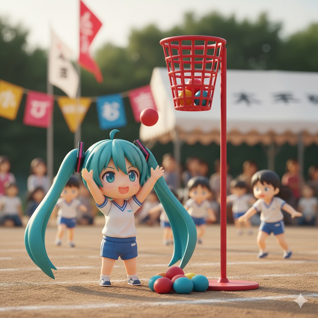 運動会で玉入れをしている ミクちゃん