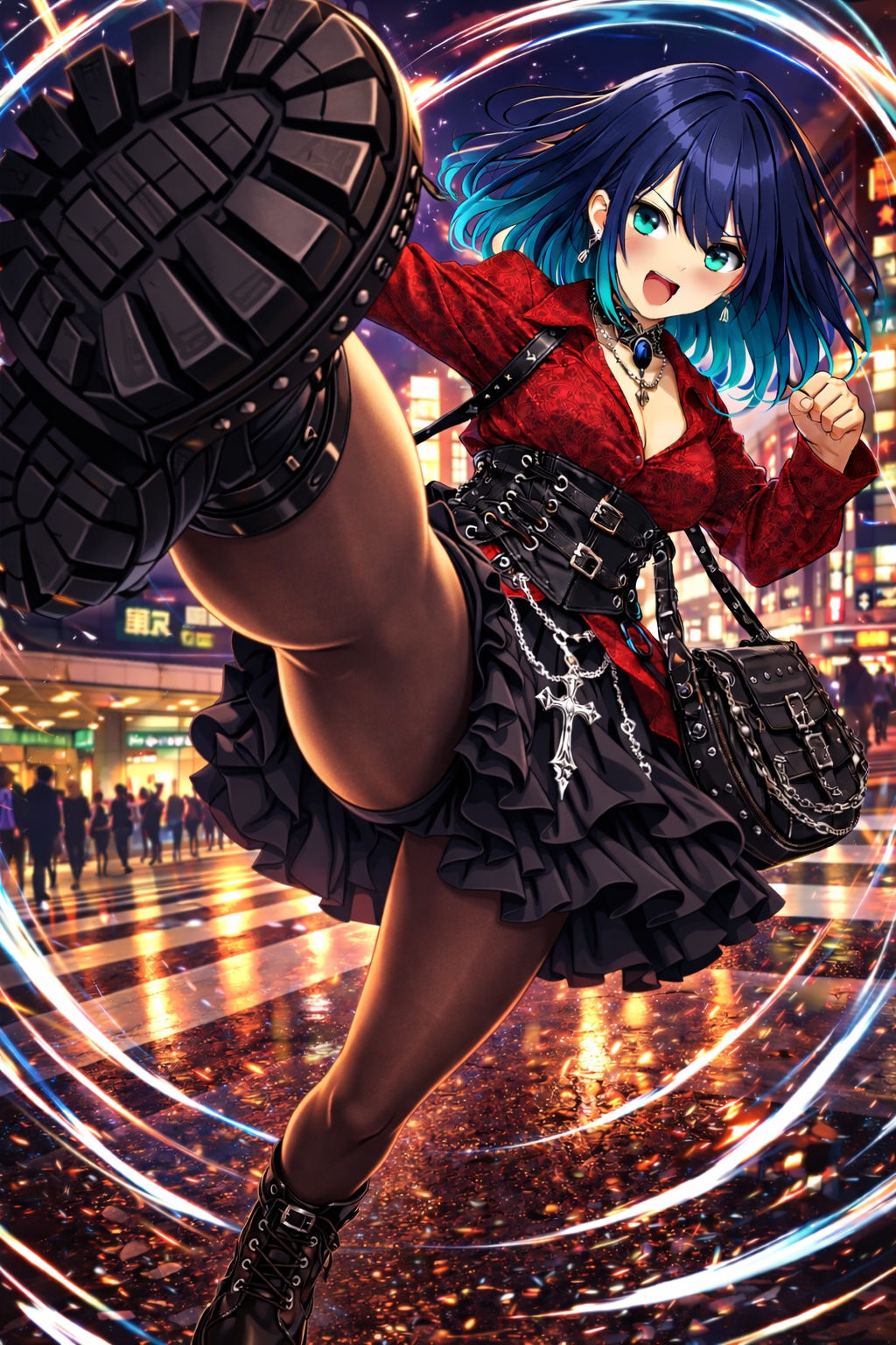 ネオンの駅前、全力ハイキック | の人気AIイラスト・グラビア