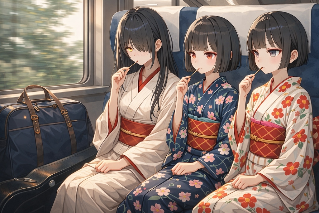 列車でポッキー食べる姉妹