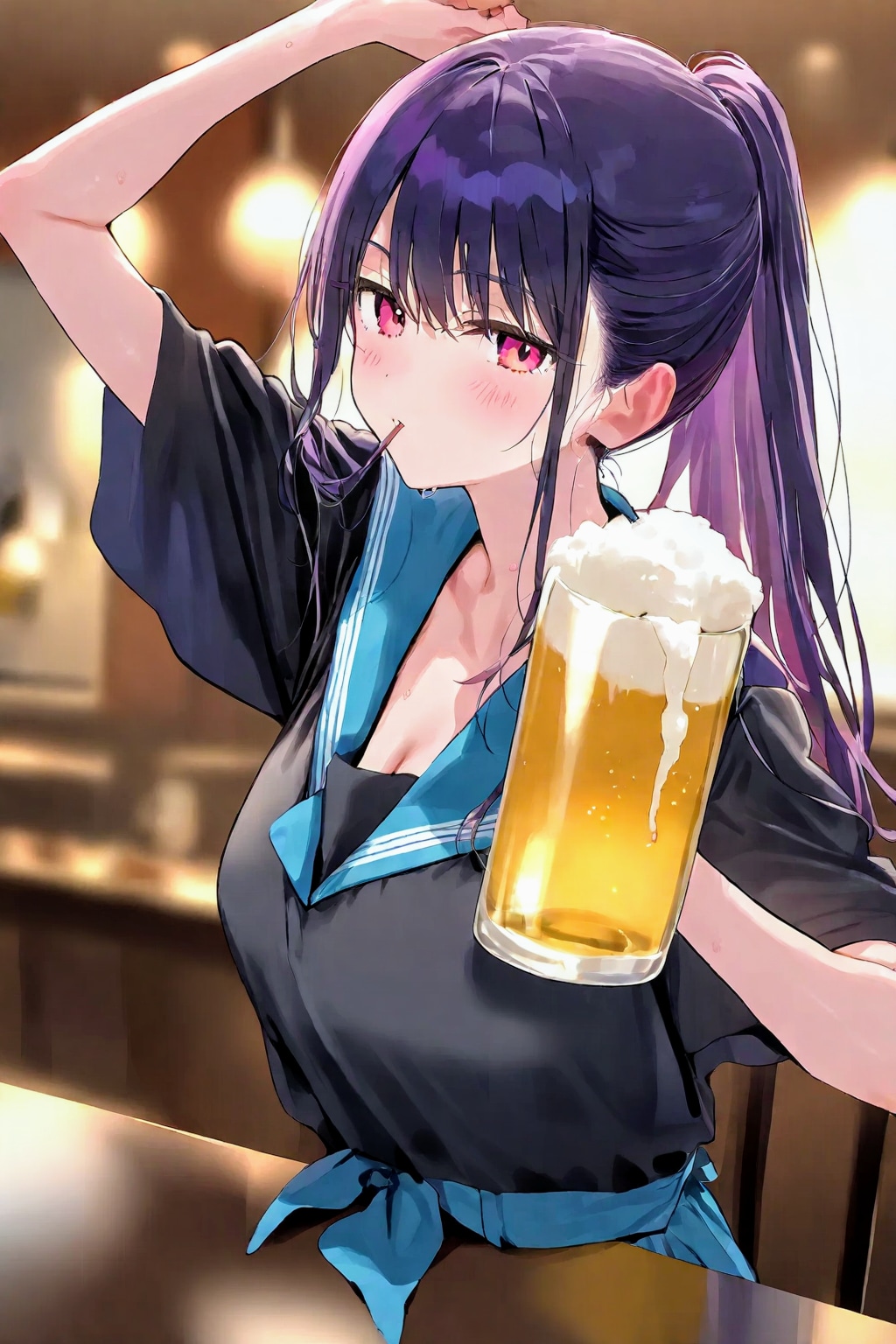 仕事頑張った後のビールは美味いな、お姉やん