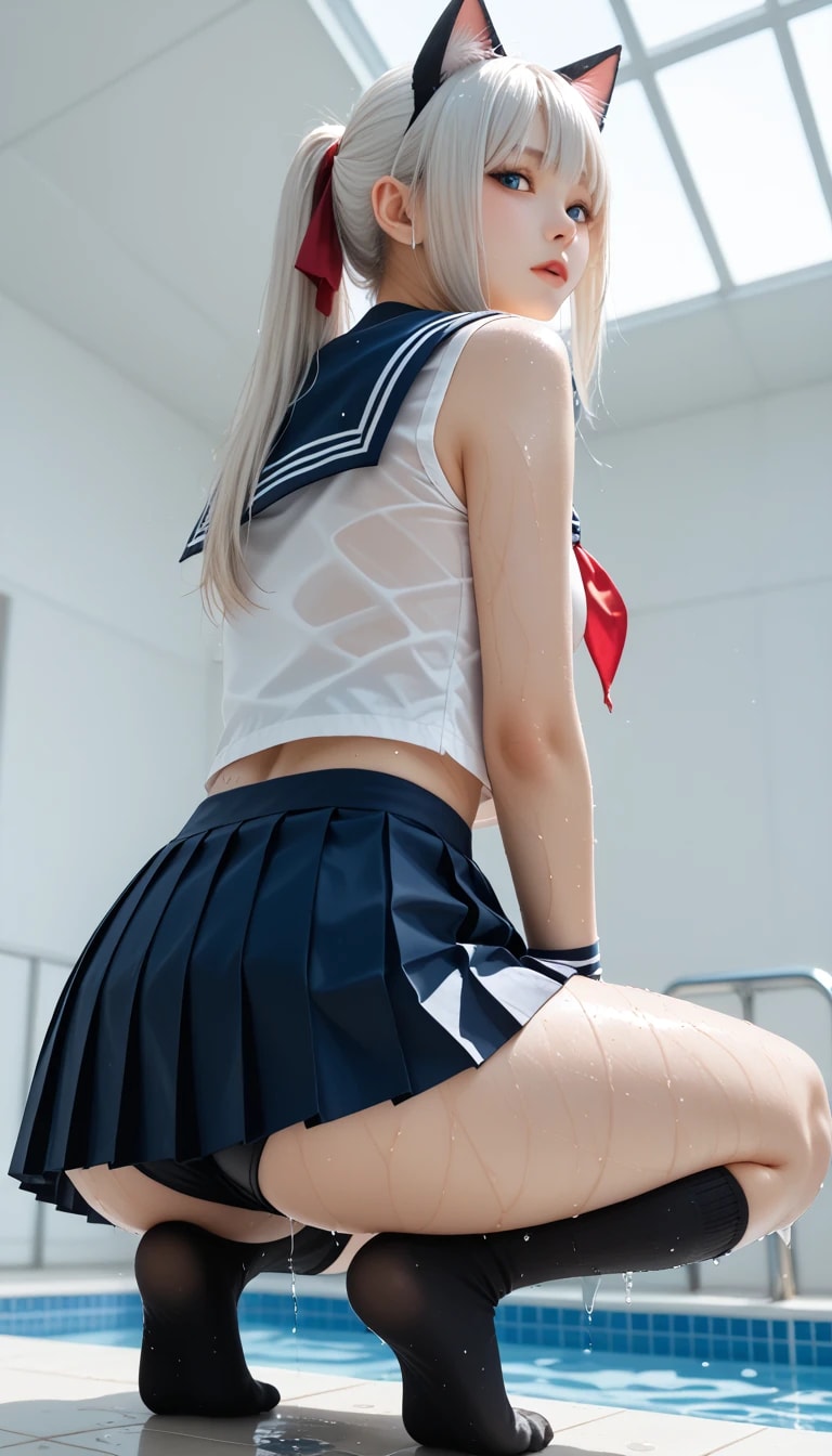 プールで黒パン、発見。しちゃった、カナ❓😘✨ 濡れたセーラー服と「ありがとう水」のハーモニー、オジサン、もうドキドキが止まらないヨ❗❗😅👍ナンチャッテ❗❗💦