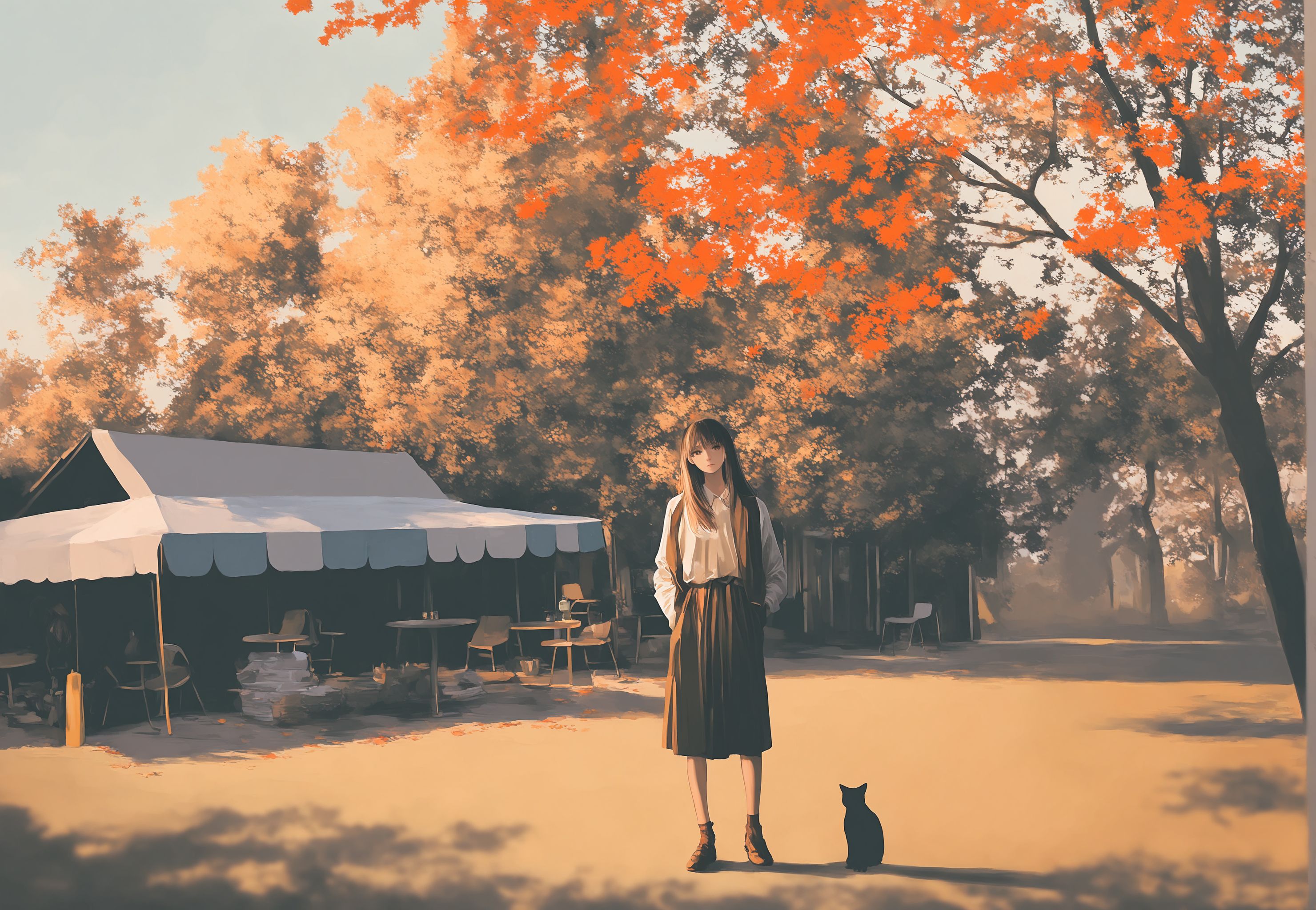 夕日の赤、紅葉の赤、それに包まれるわたしと黒猫 | の人気AIイラスト・グラビア