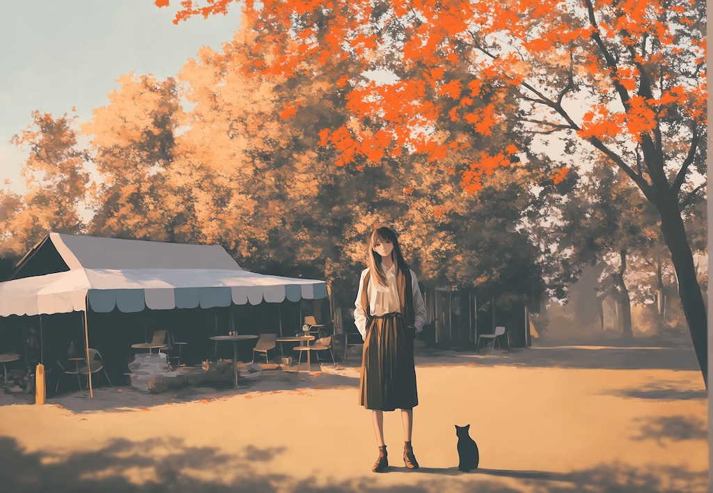 夕日の赤、紅葉の赤、それに包まれるわたしと黒猫