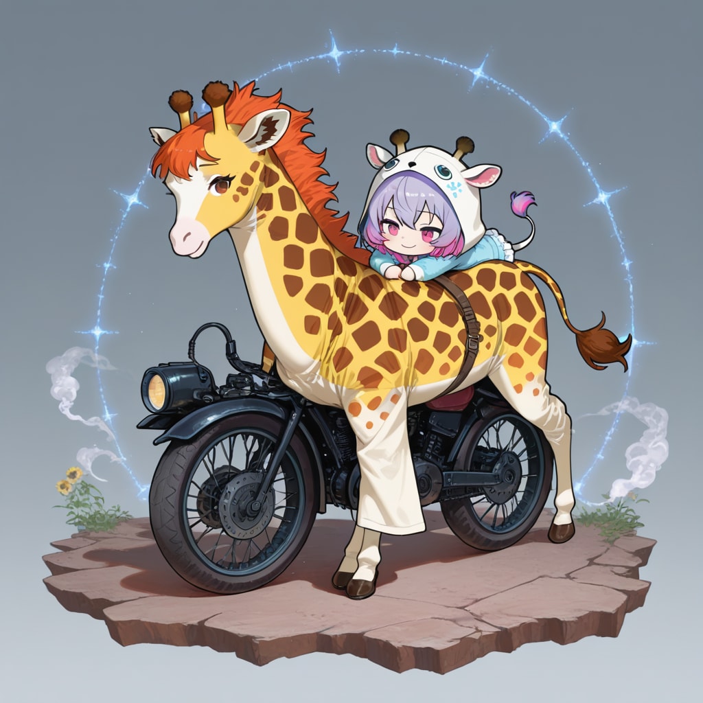 キリンのような馬のような動物とバイクとアニマルフーディーちび子ちゃん