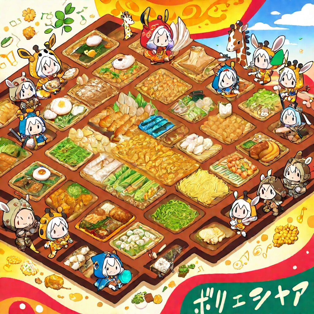 仲良く食事するキリン着ぐるみちび子ちゃん