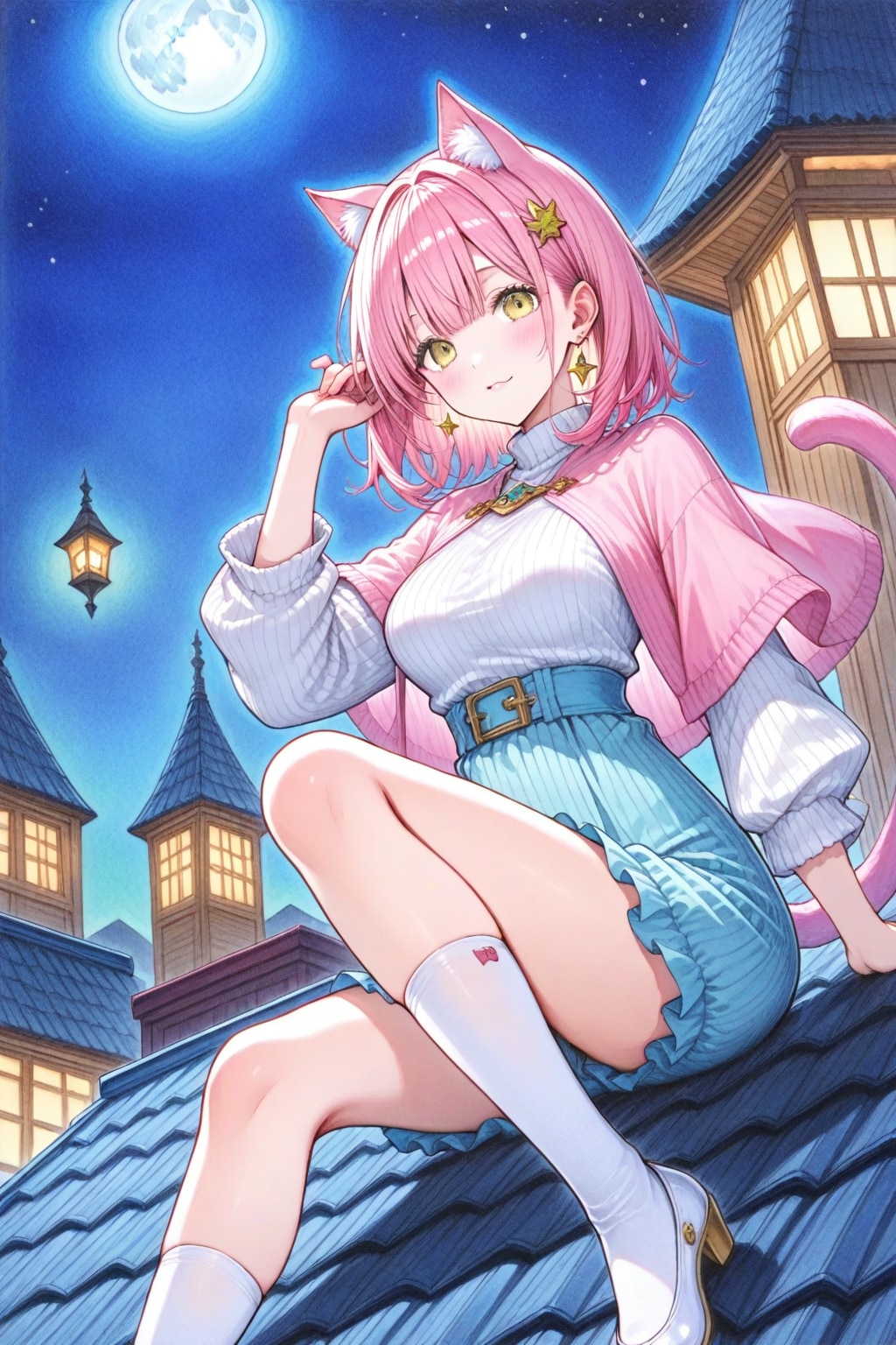 屋根の上のネコ娘🐈🌕✨