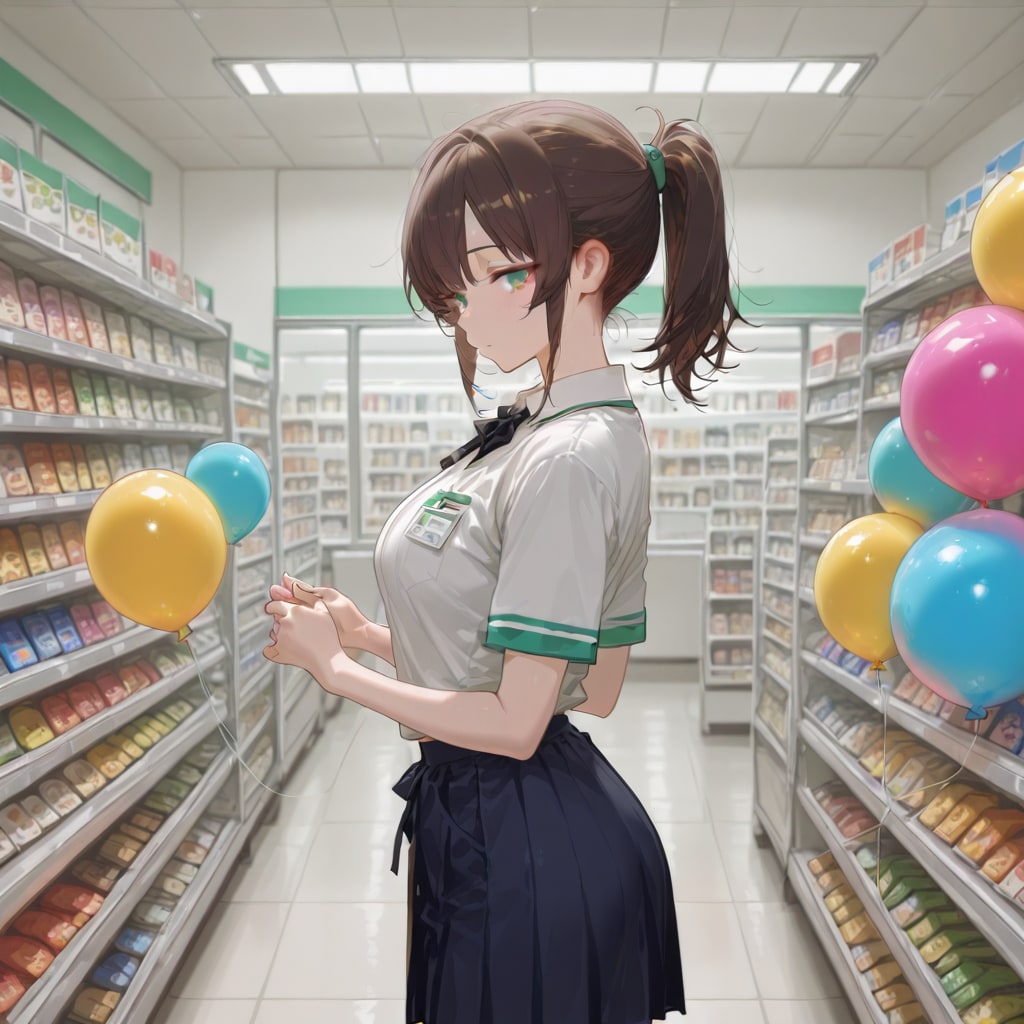 いっぱい風船を持つブラウンポニーテールのコンビニ店員の美女。 | の人気AIイラスト・グラビア