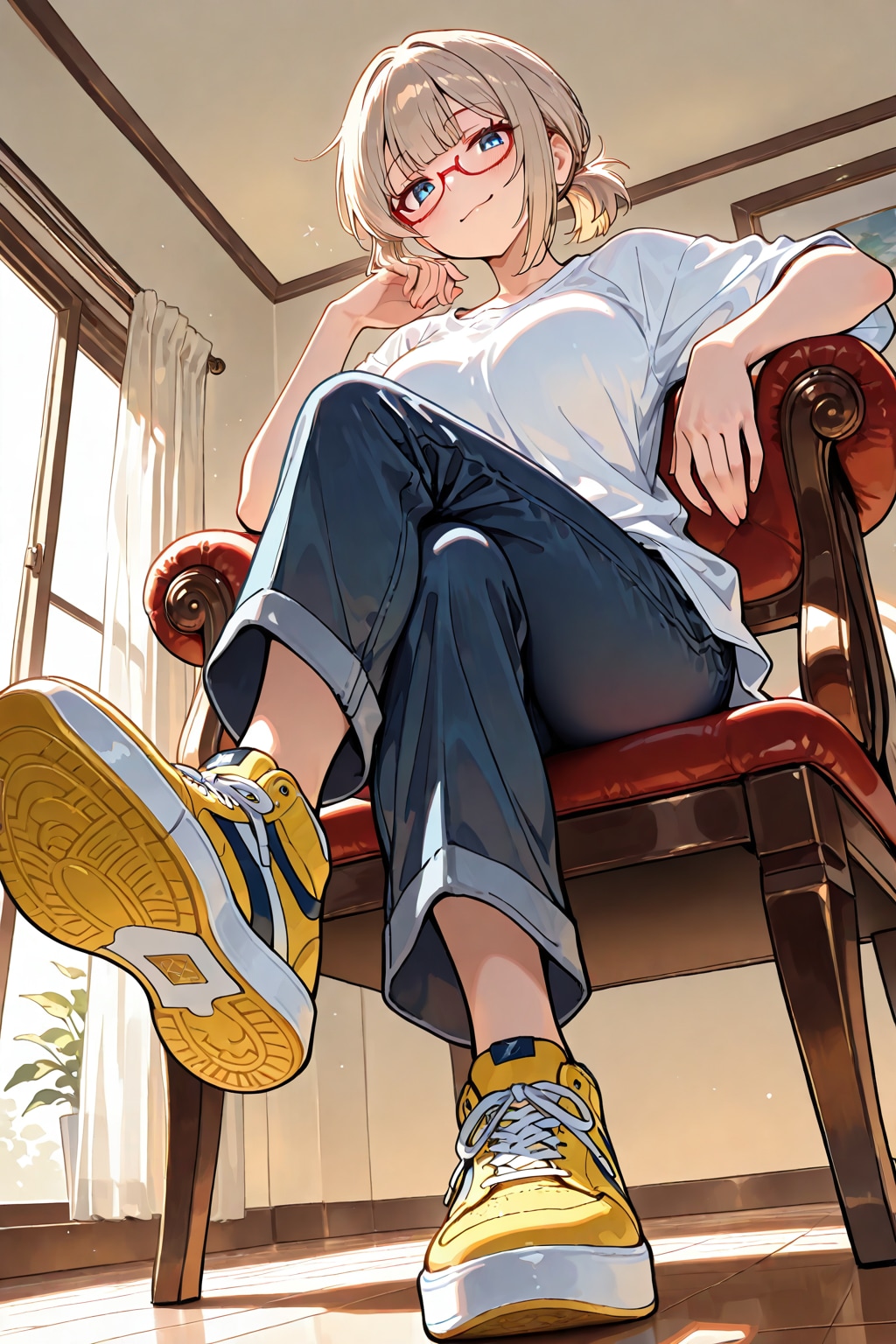 偉そうに靴を見せる