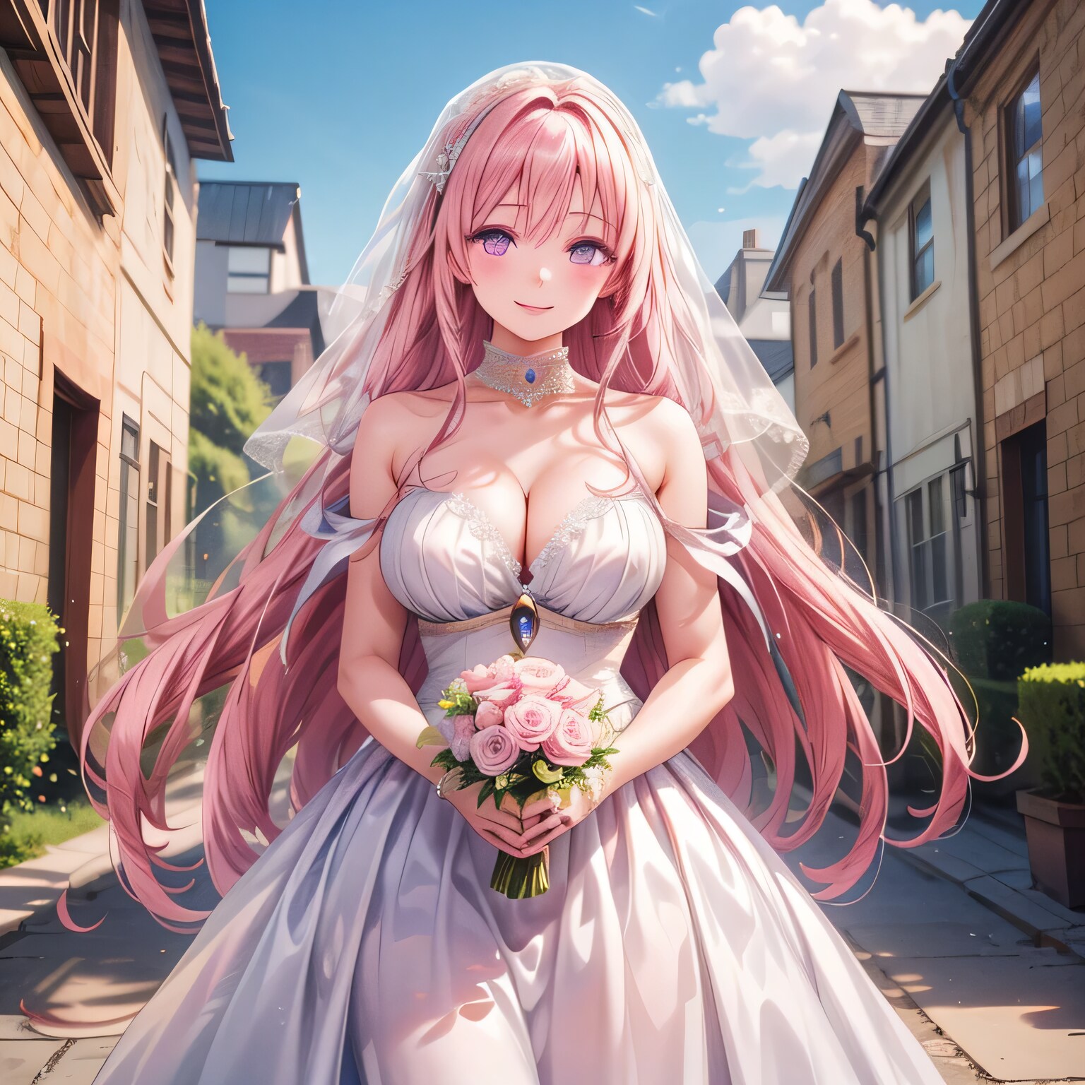 ピンク髪ロングでウェディングドレスの少女４ | の人気AIイラスト・グラビア