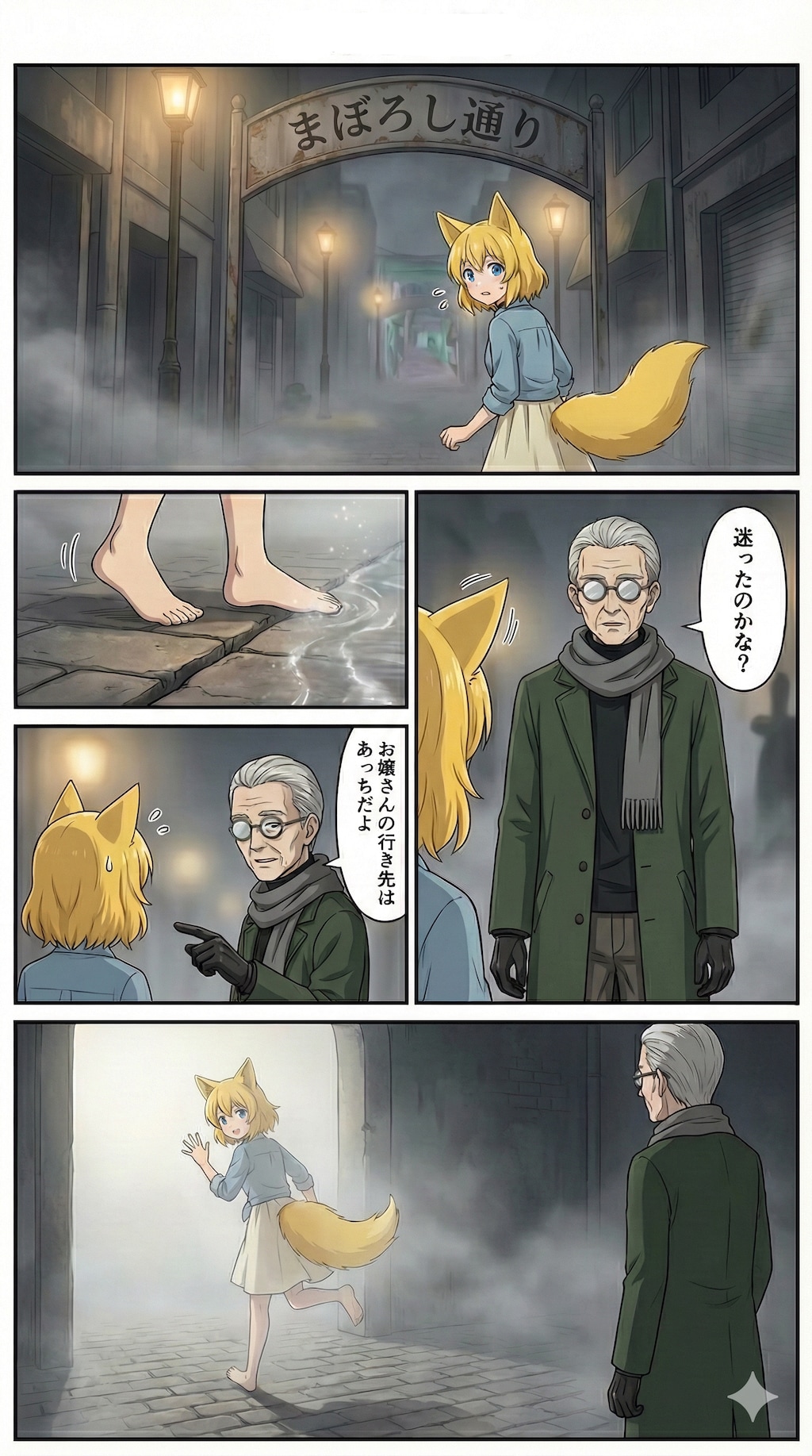 霧が路地の床を這い街灯だけが薄く灯ってシャッターの降りた店の壁が無言で迫る中まぼろし通りと書かれた古いアーチを見上げながらここがまったく見覚えのない場所なので尻尾が不安げに固まり一歩…