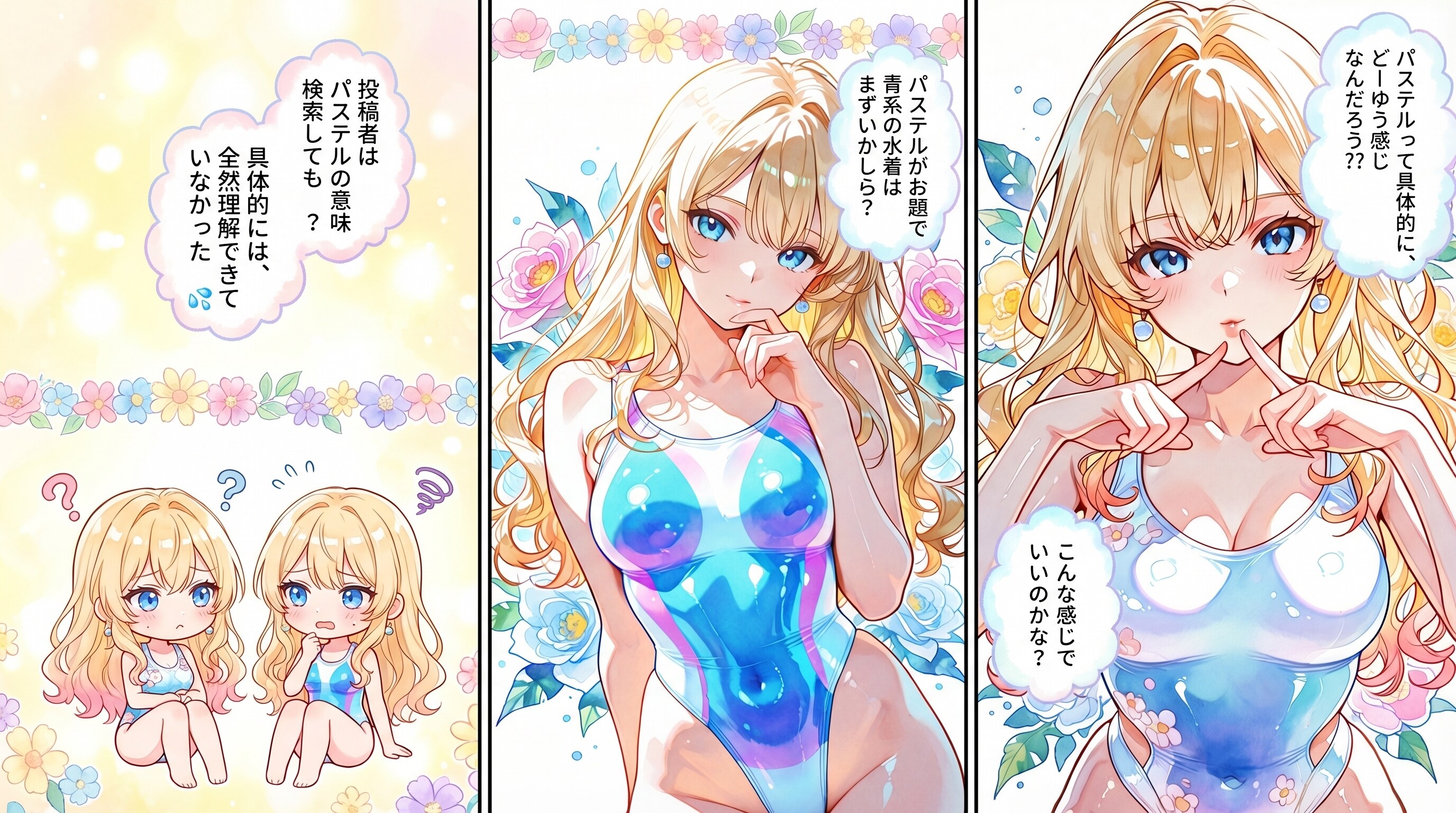 パステルなハイレグ水着を着た美少女達💕・・でも、投稿者の私が「パステル」の意味を全然理解していないのであった💦