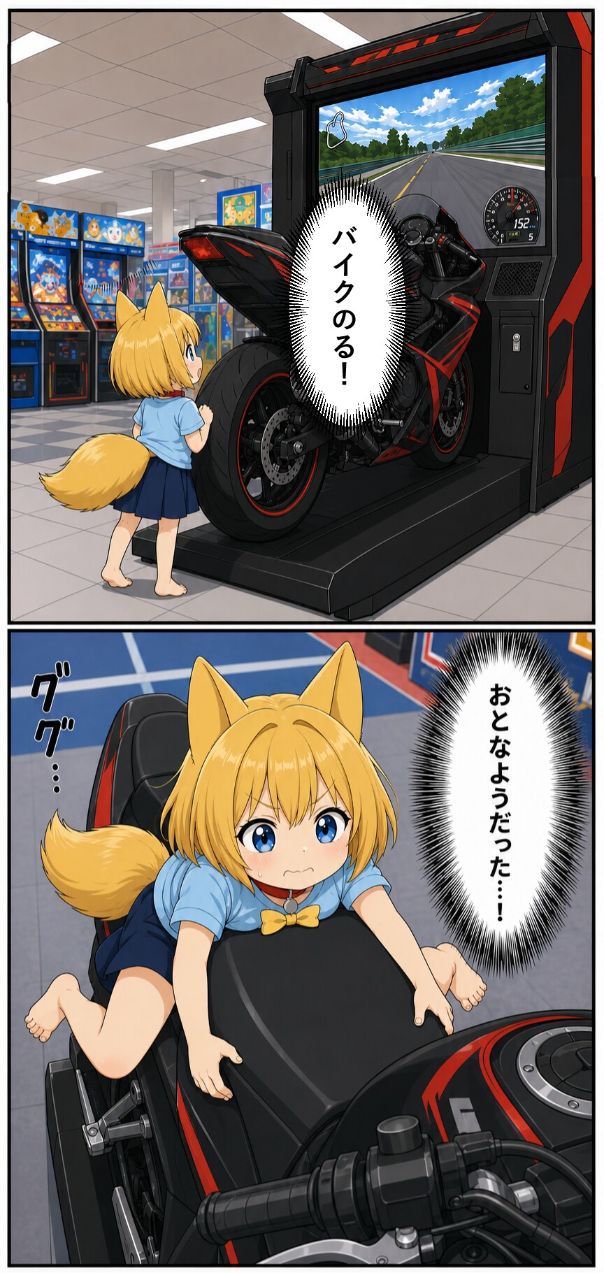 ゲームセンターでバイクのゲームを遊ぼうとするキツネ | の人気AIイラスト・グラビア