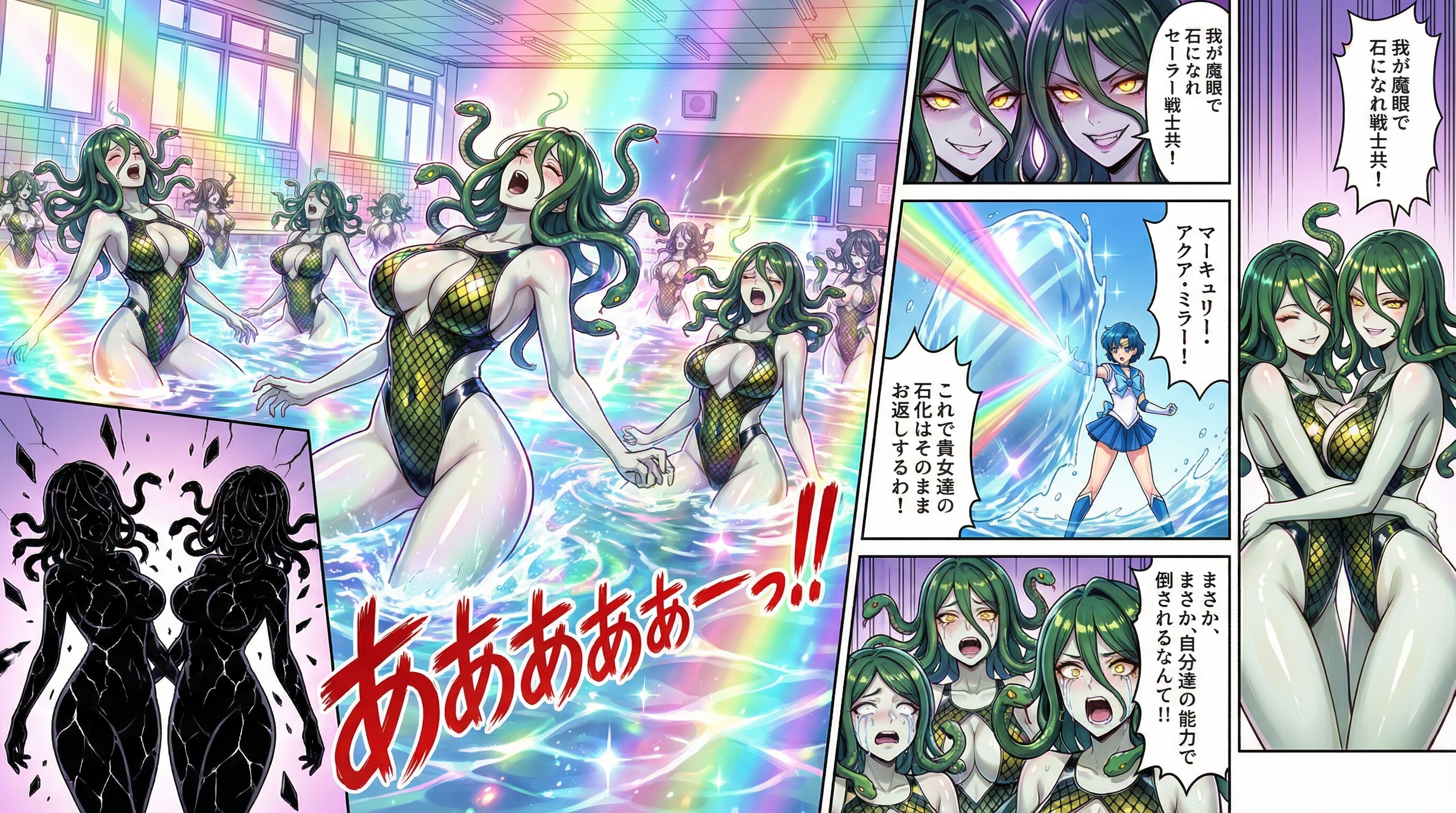大量に登場したメデューサ型の女怪人ちゃん達！石化光線をマーキュリーの水の鏡で反射させられ💦哀れ一網打尽💦