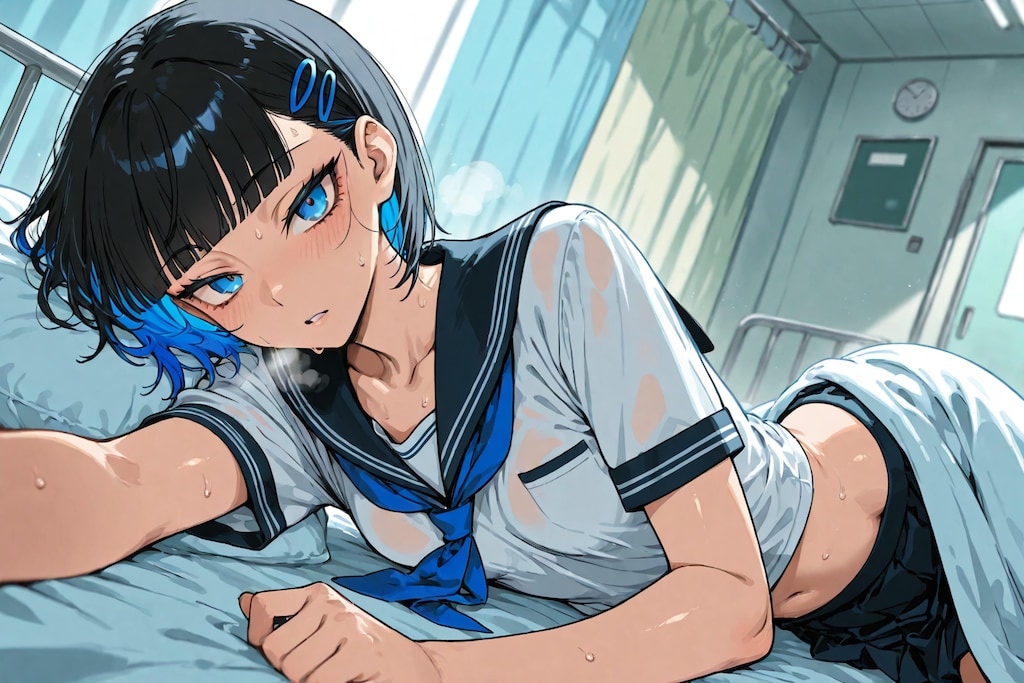 保健室でやすむ発熱少女