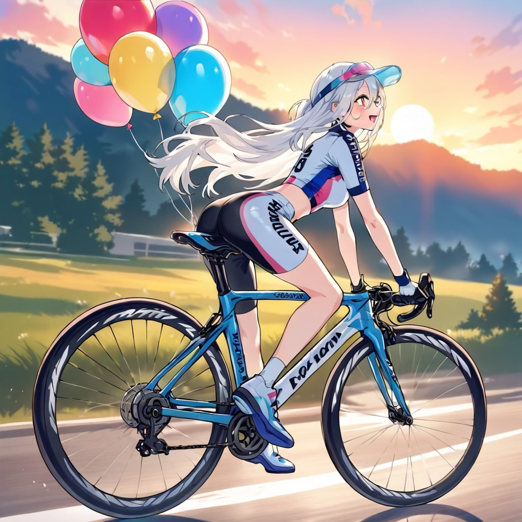 いっぱい色とりどりの風船を持つ白い髪ロングオッドアイのロードバイク乗っている美女 | の人気AIイラスト・グラビア