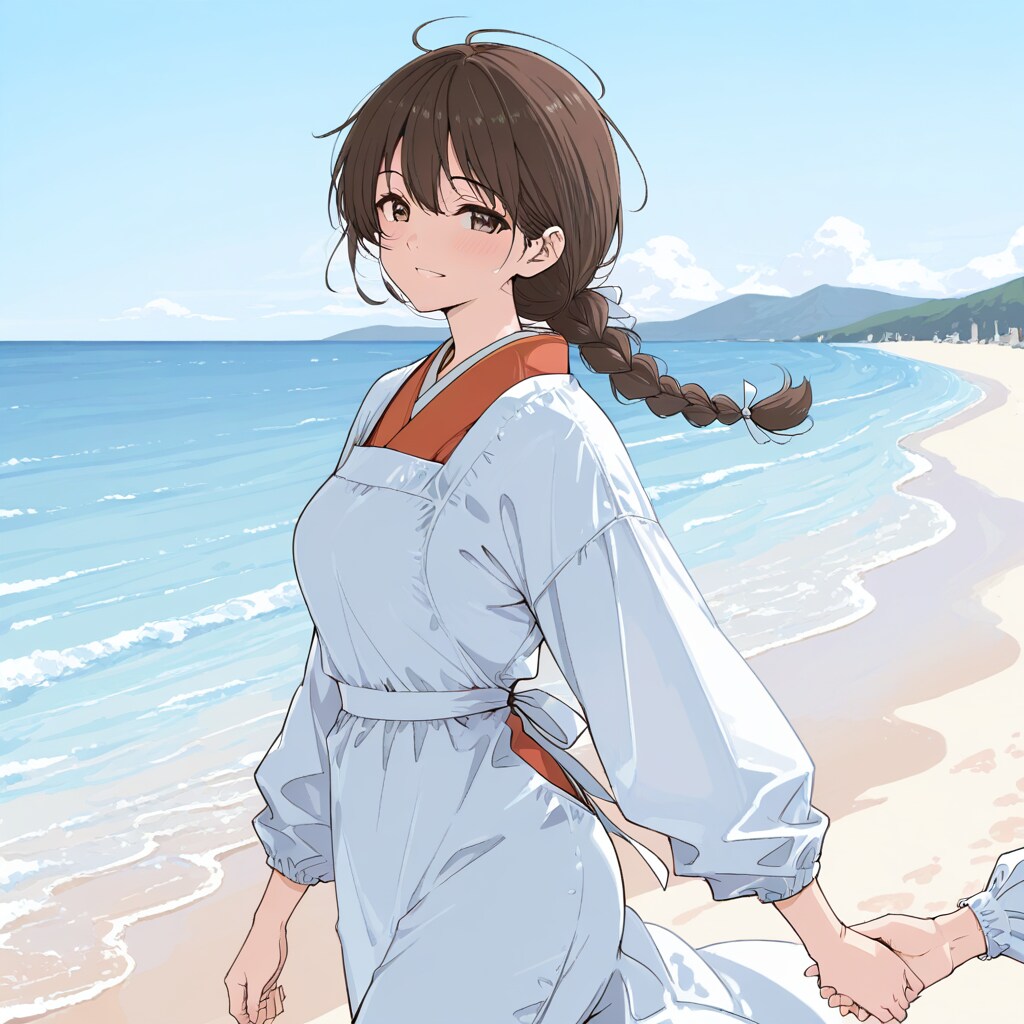 割烹着の妻　良人と手を繋いで