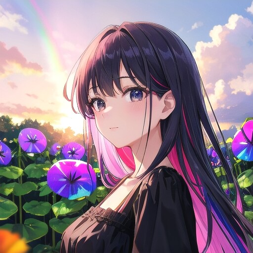 雨上がりの花畑から顔を出す黒ワンピース