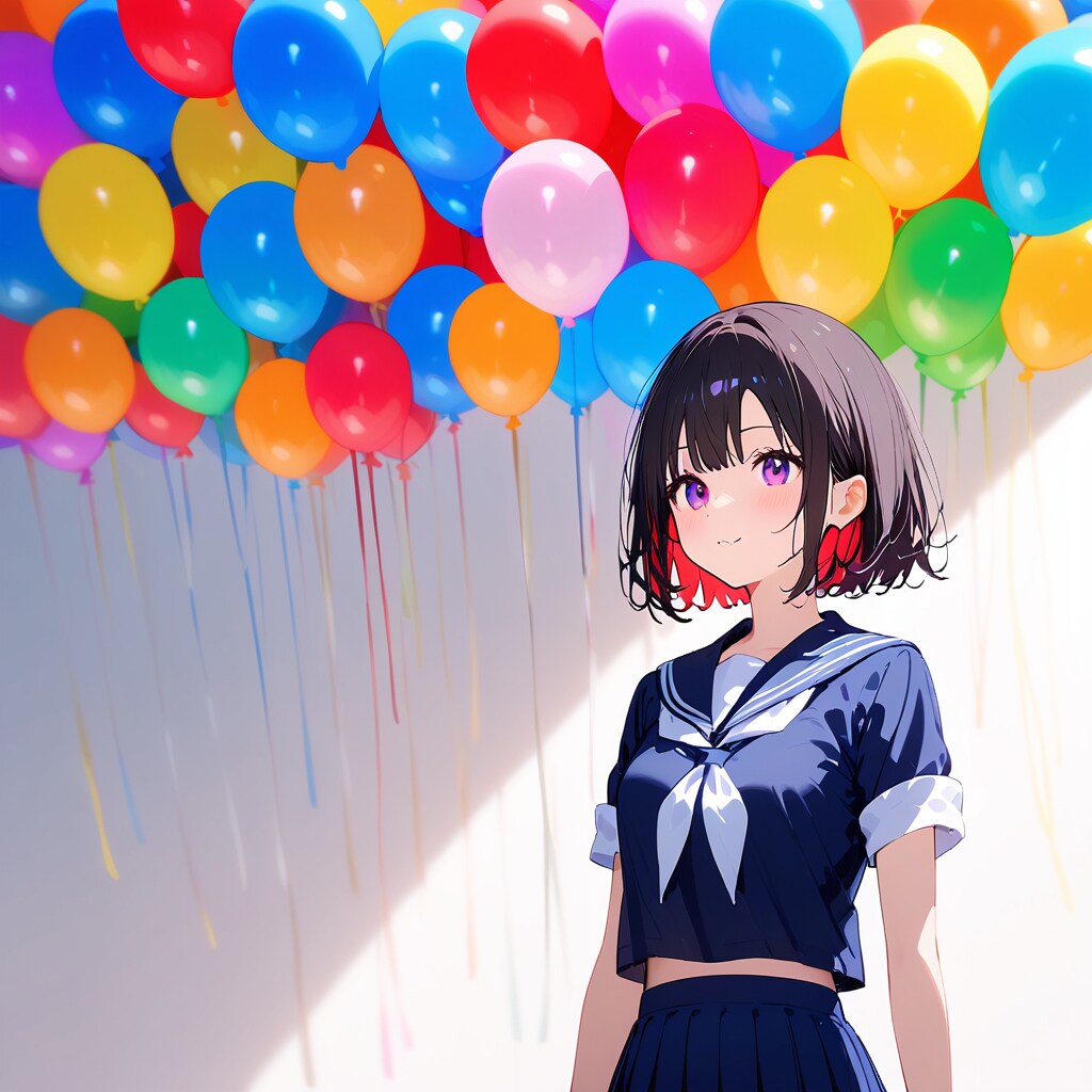 色とりどりの風船を持つセーラー服の美少女。
