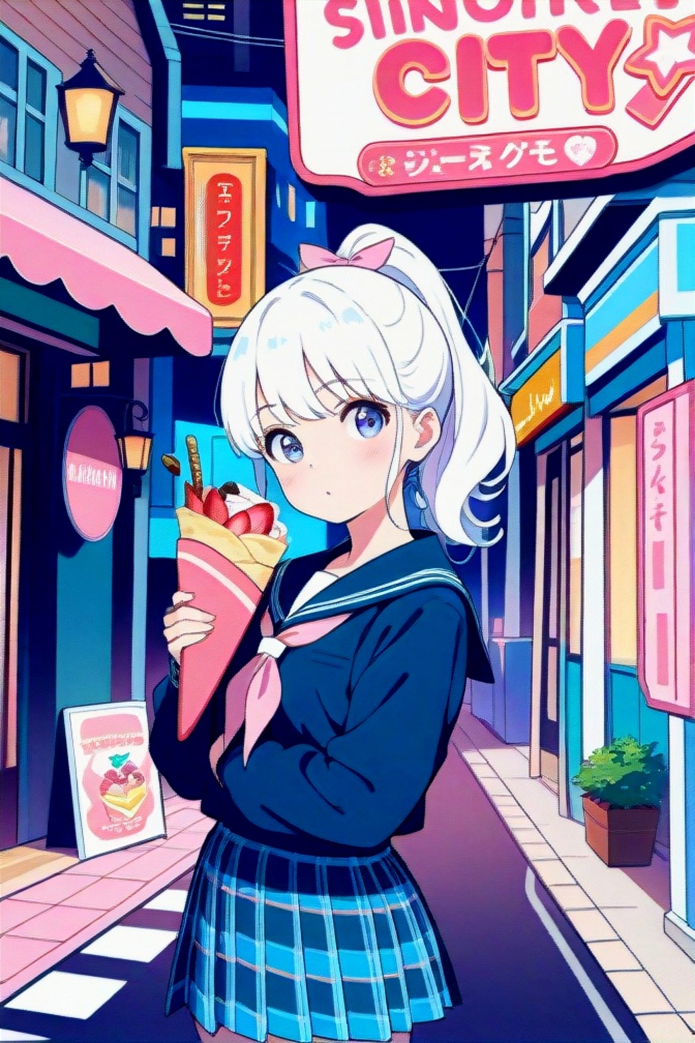 クレープを食べる白髪ちゃん | の人気AIイラスト・グラビア