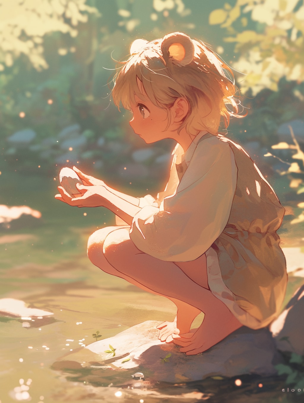 しゃがんで石を見つめるくま娘🐾