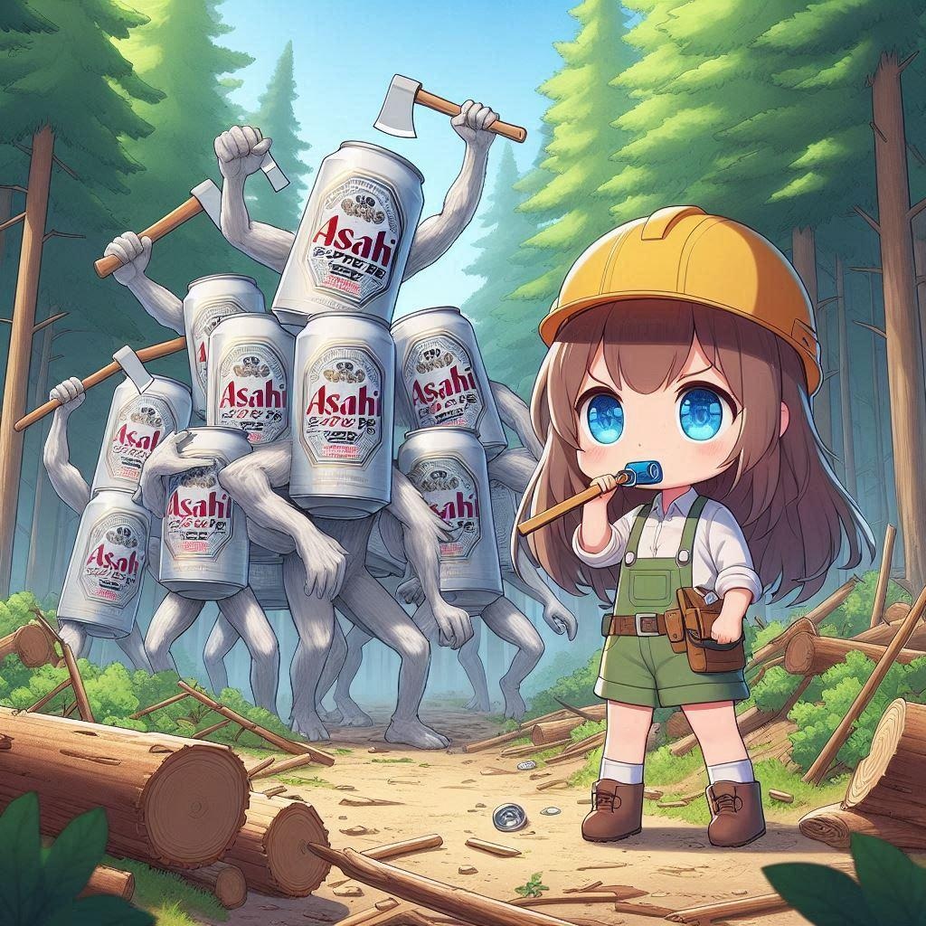 森を切り拓くビール缶達と小さな女の子